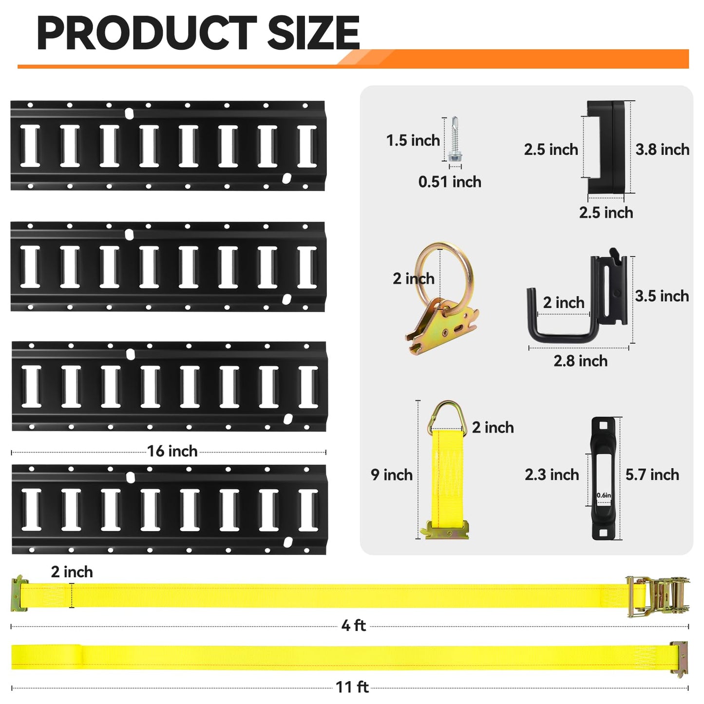 Elechomes E Track Tie-Down Rail Set: 4 Pack 16" E-Track Rails with 2 Ratchet Straps, 4 Rope Tie Offs, 4 O Rings, 4 J-Hooks, 2 Single Slot, 8 End Caps for Vans Trailers Motorcycles Garage Storage