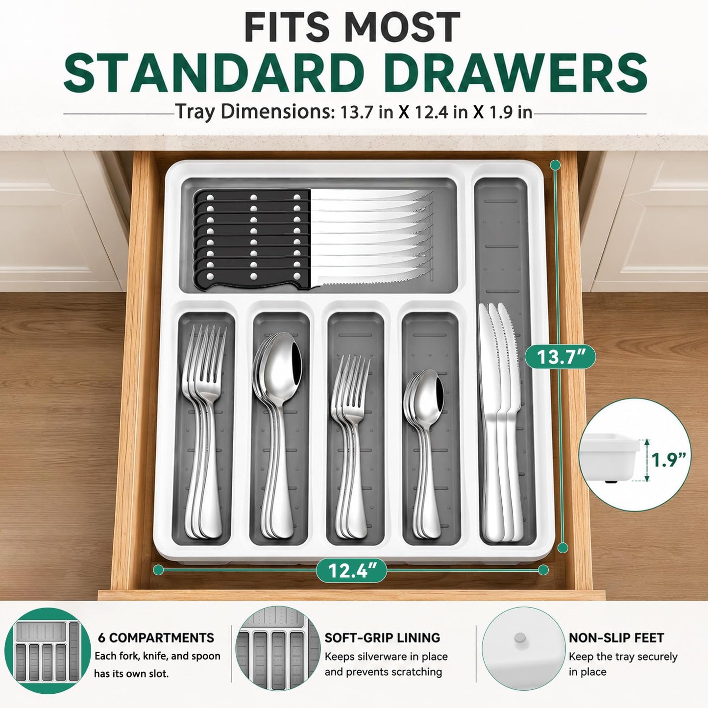 49-Piece Cutlery Set with Organizer, Stainless Steel Silverware Set Service for 8 with Steak Knives and Utensils