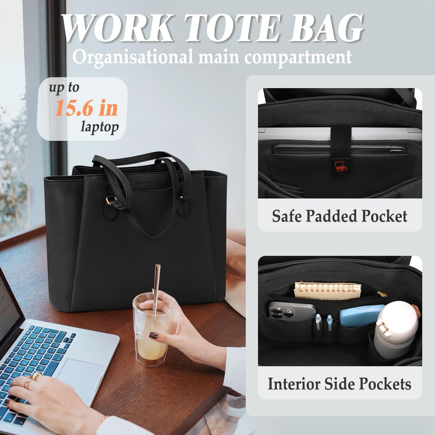 RAINSMORE Laptop Bags for Women 15.6 Inch Work Tote Bags Womens Laptop Purse Waterproof PU Leather Laptop Briefcase for Office Computer Bag Women Travel Handbag, Black