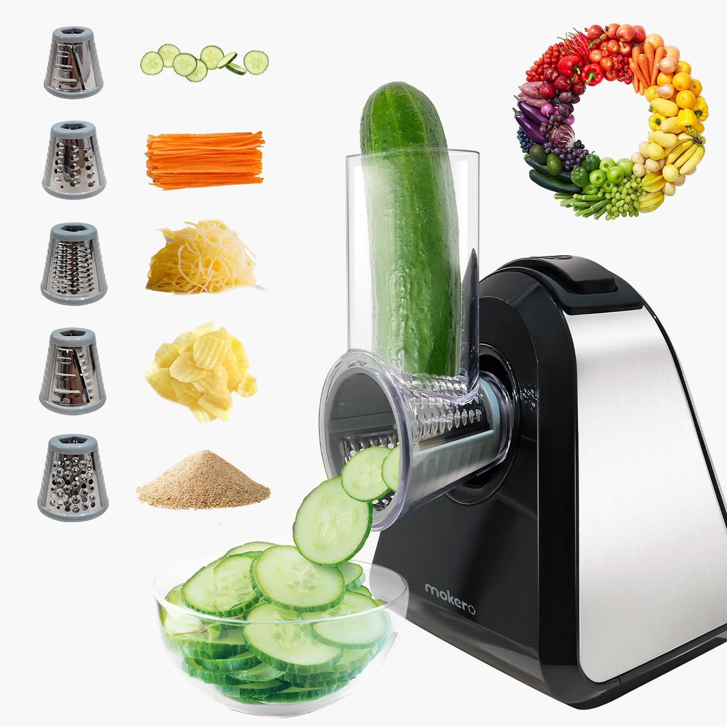 Mokero 5 in 1 Electric Cheese Salad Grater Block for Home Kitchen - Food Slicer Shredder Chopper Automatic Grater for Vegetables Cucumber