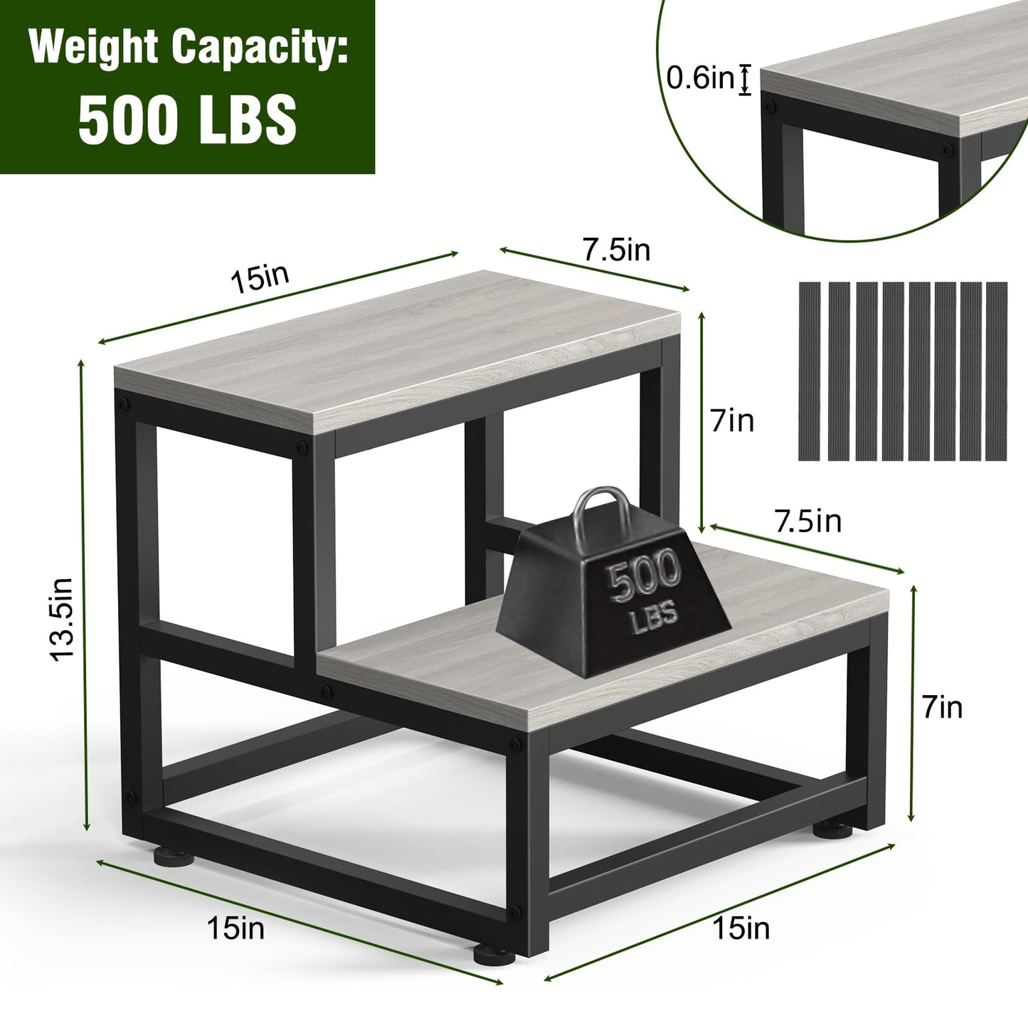 LIANTRAL 2 Step Stool for Adults Kids, Heavy Duty Wooden Stepping Stools, Bedside Foot Stool with 500lbs Load Capacity, Non-Slip Step Stool for High Bed, Kitchen, RV - Grey