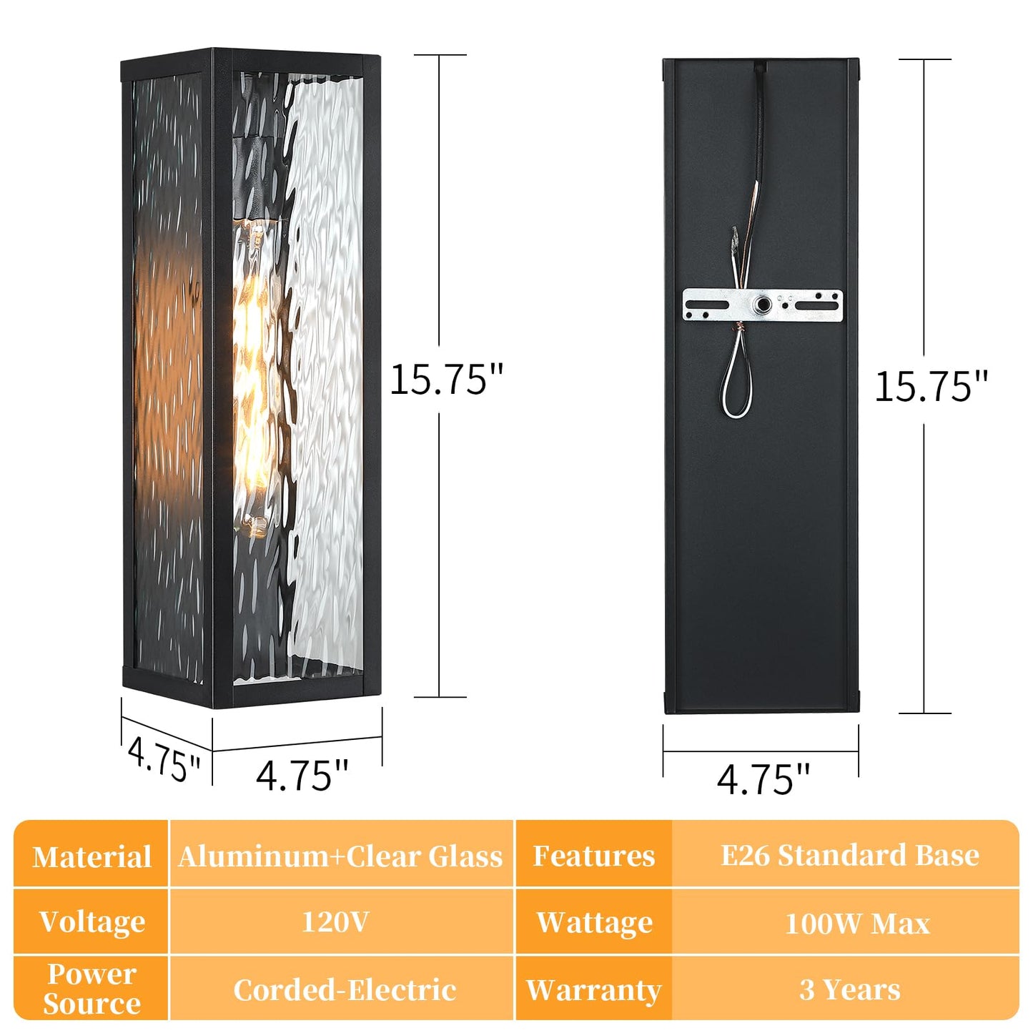 2 Packs 16'' Outdoor Wall Lights Exterior Lighting Fixtures, Modern Black Porch Light for House, Waterproof Outside Lights Wall Sconce Lanterns with Water Ripple Glass for Front Door, Patio, Garage