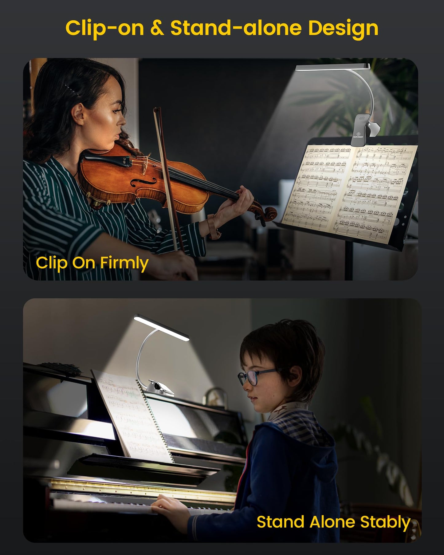 Glocusent 57-LED Super Bright Music Stand Light – Eye Caring Clip On Piano Lamp with 3 Color Modes & 5 Brightness Levels, USB-C Rechargeable, Up to 140 Hrs, Ideal for Sheet Music, Piano, Guitar