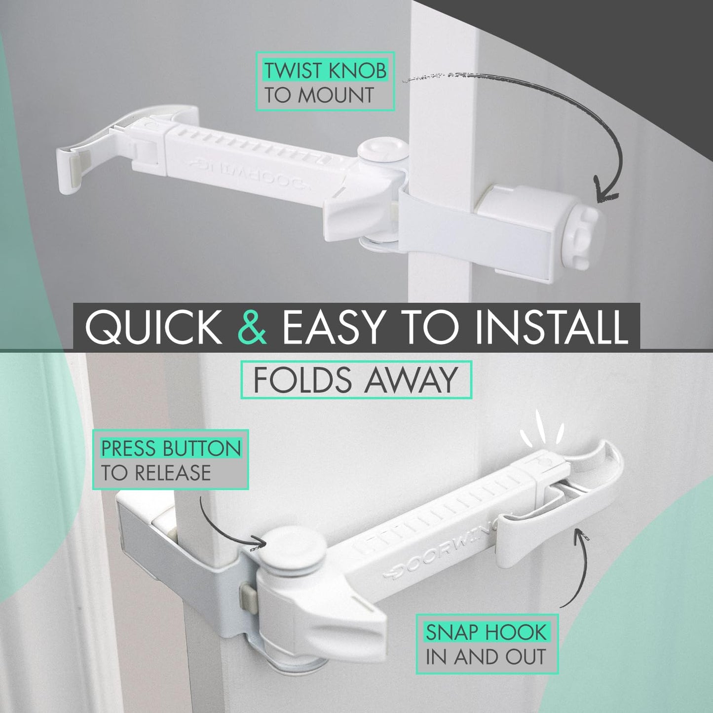 DOORWING Portable Door Lock. No Adhesive. No Door Damage. Adjustable Door Latch for Baby Proofing. Easy Alternative to Baby Gate, Dog Gate & Cat Door. Let Cats In. Keep Kids/Dogs Out of Cat Litter Box
