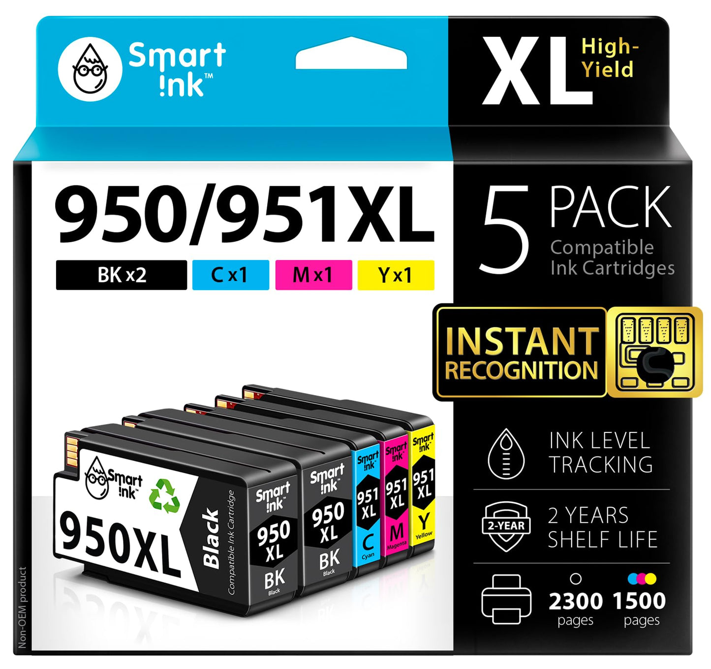 Smart Ink Compatible Ink Cartridge Replacement for HP 950XL 951XL 951 XL 950 XL 5 Pack Combo (2 Black, Cyan/Magenta/Yellow) for HP Printer Officejet Pro 8600 8610 8620 8640 8660 8615 8625 251DW 276DW