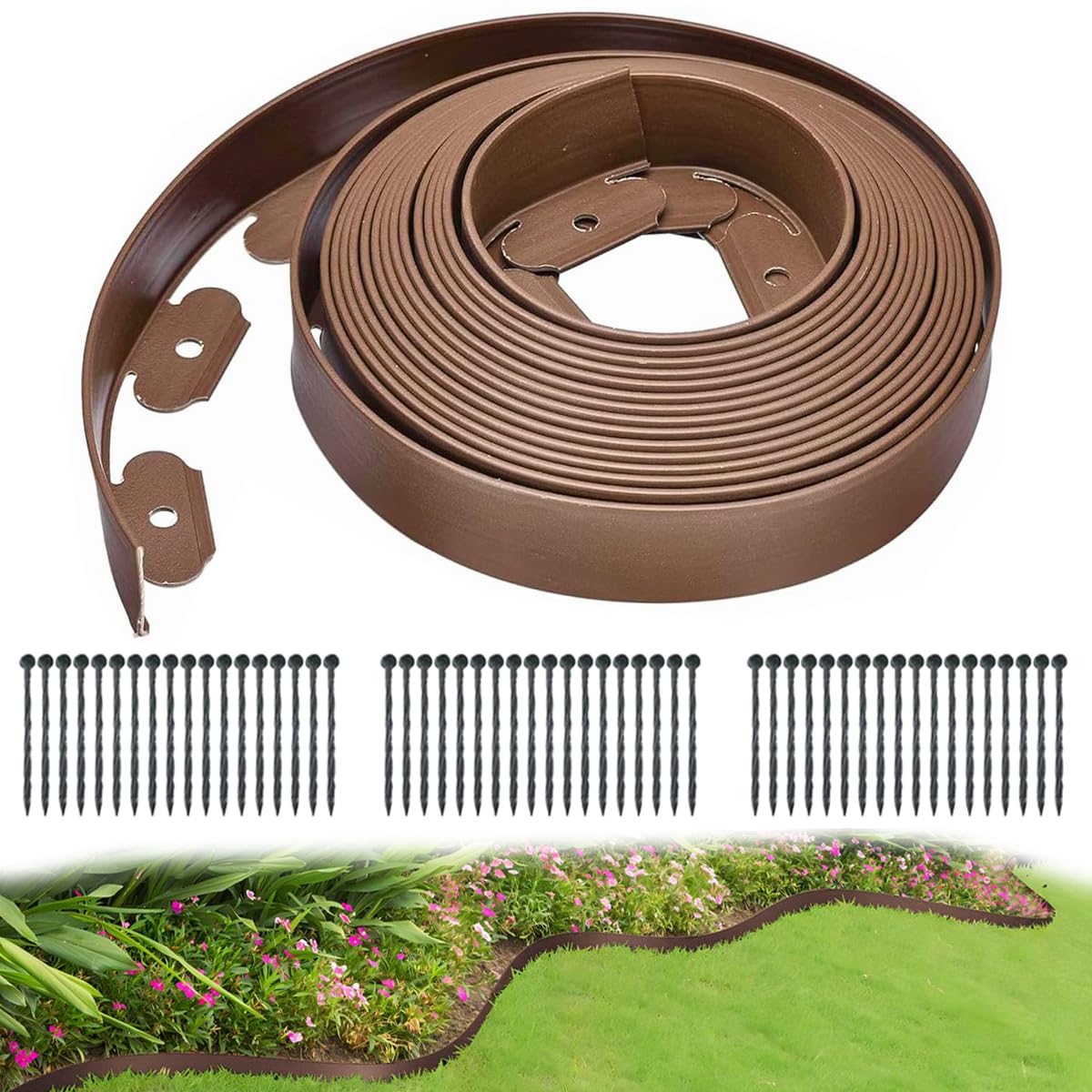 60ft Garden Edging Border,2in High Lawn Edging Borders with 54 Stakes,Flexible Landscape Edging No Dig,Plastic Landscaping Edging for Lawn,Yard,Grass,Flower Bed,Path -Brown