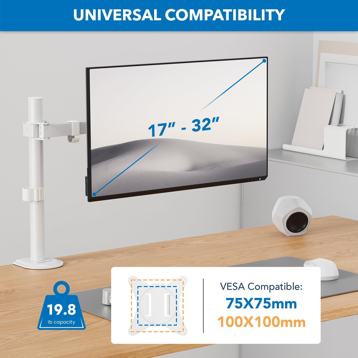 Mount-It! Single Monitor Arm 17" to 32", Full Motion Adjustment with Tilt, Rotation, Swivel, Height Adjustment Along Pole, Clamp or Grommet Mounting, Monitor Desk Mount VESA 75x75 and 100x100, White
