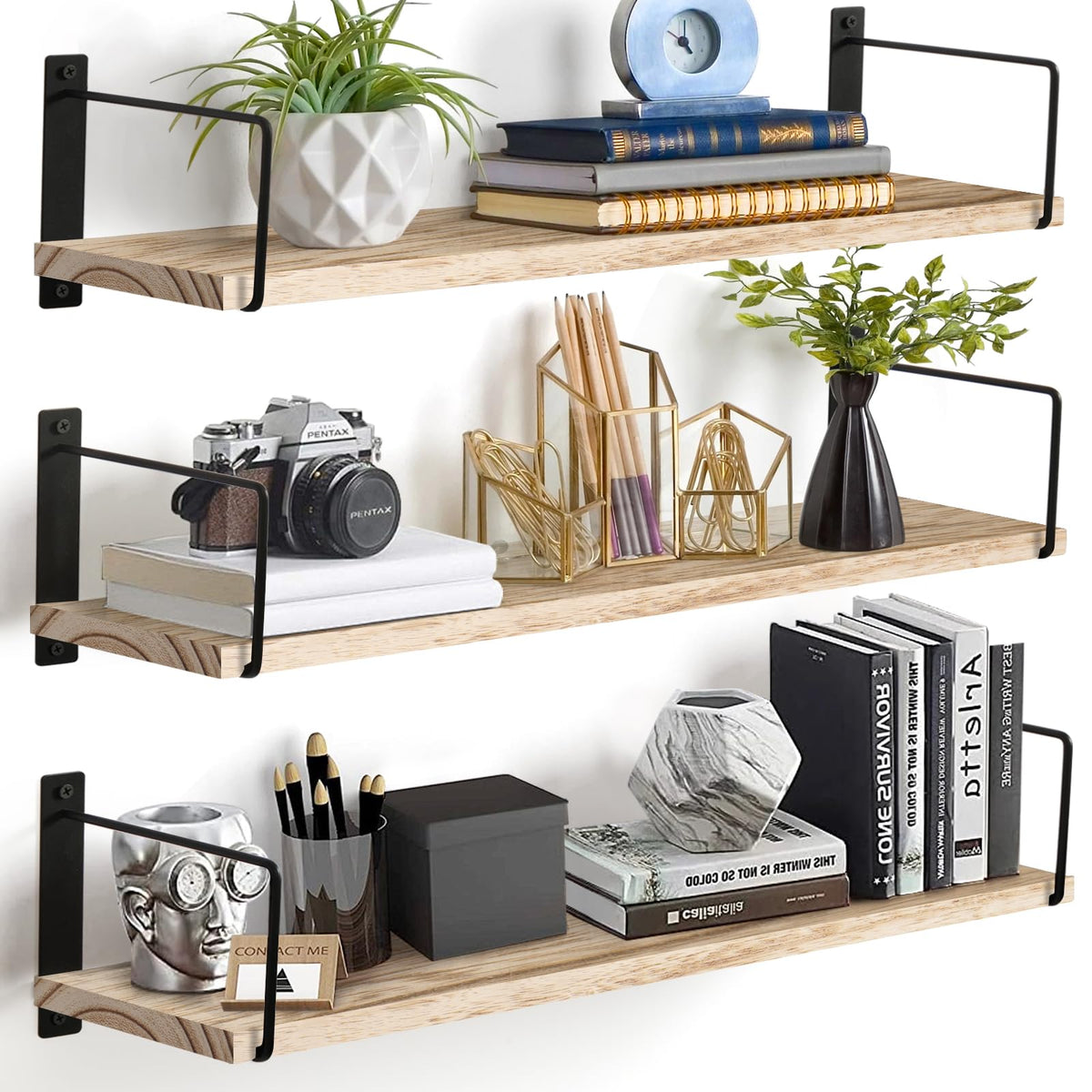 Floating Shelves Set of 3-24 Inch Rustic Wood Wall Shelves for Bedroom, Bathroom, Kitchen - Farmhouse Wall-Mounted Storage Shelves (Wood)