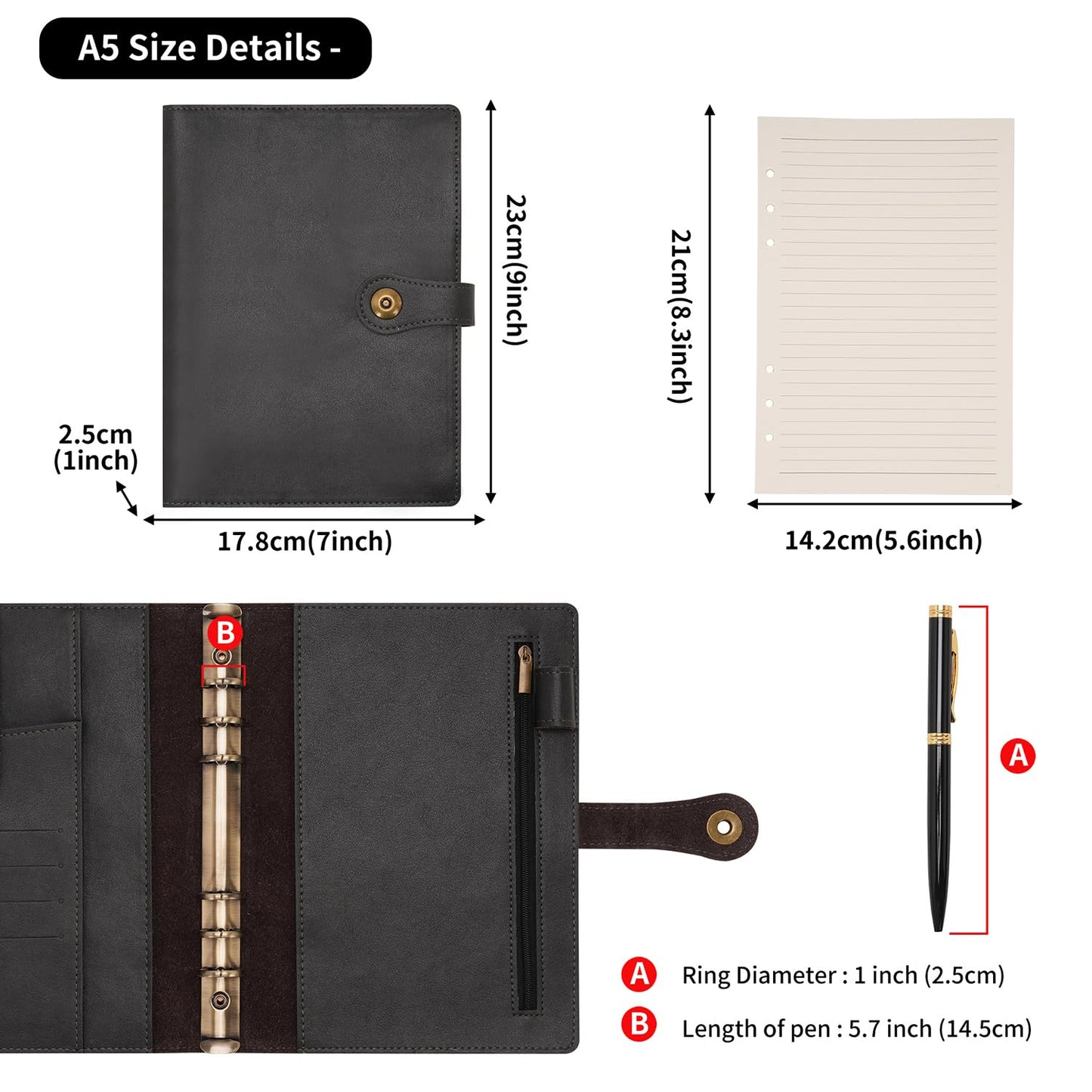 Wonderpool Binder Journal Leather Spiral Notebook Refillable College Ruled Paper, Budget Binder Rings Diary Organizer with Pen for Office School Travel Business Planning Writing (Black,A5)