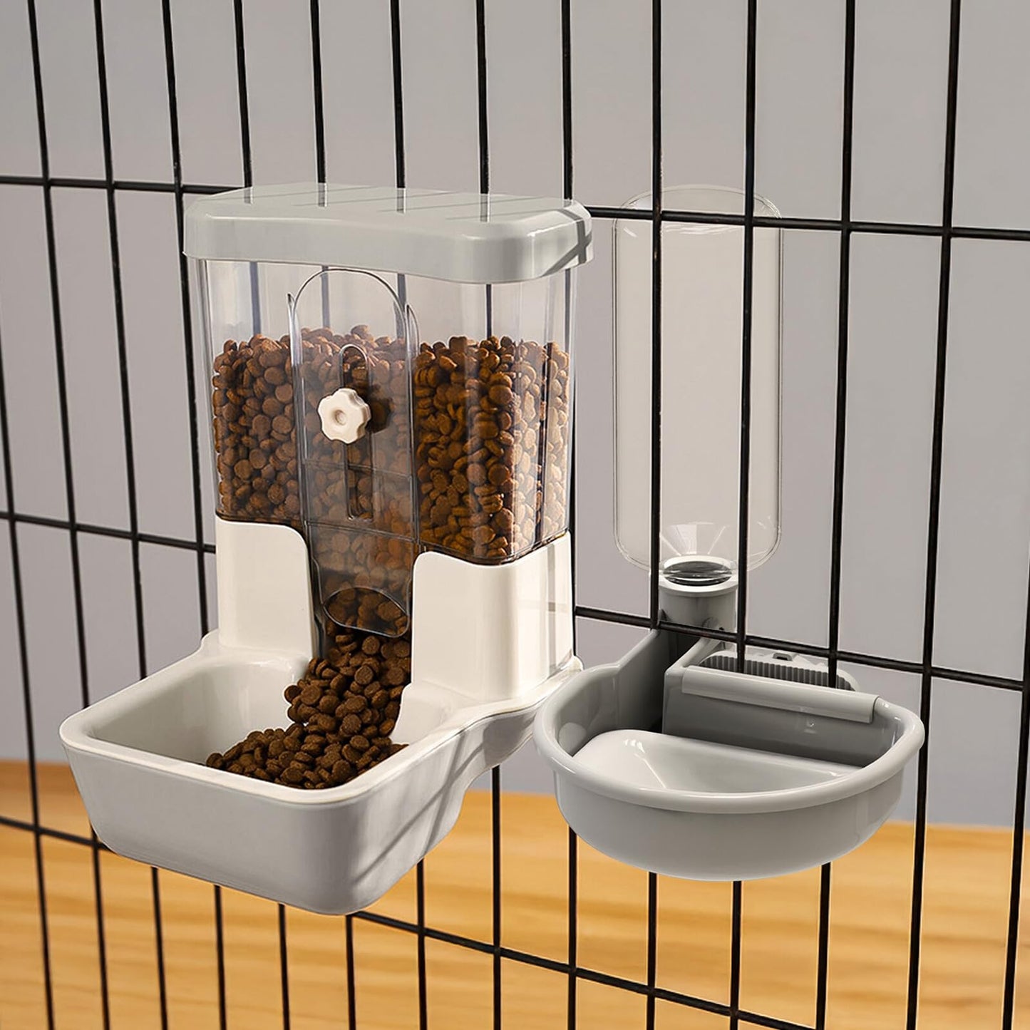 Automatic Pet Food Water Dispenser, Auto Gravity Pet Feeder Water Bottle Set for Cage, Feeding Station for Small Dog Cat Rabbit Guinea Pigs Chinchilla Ferret Hedgehog (Grey)