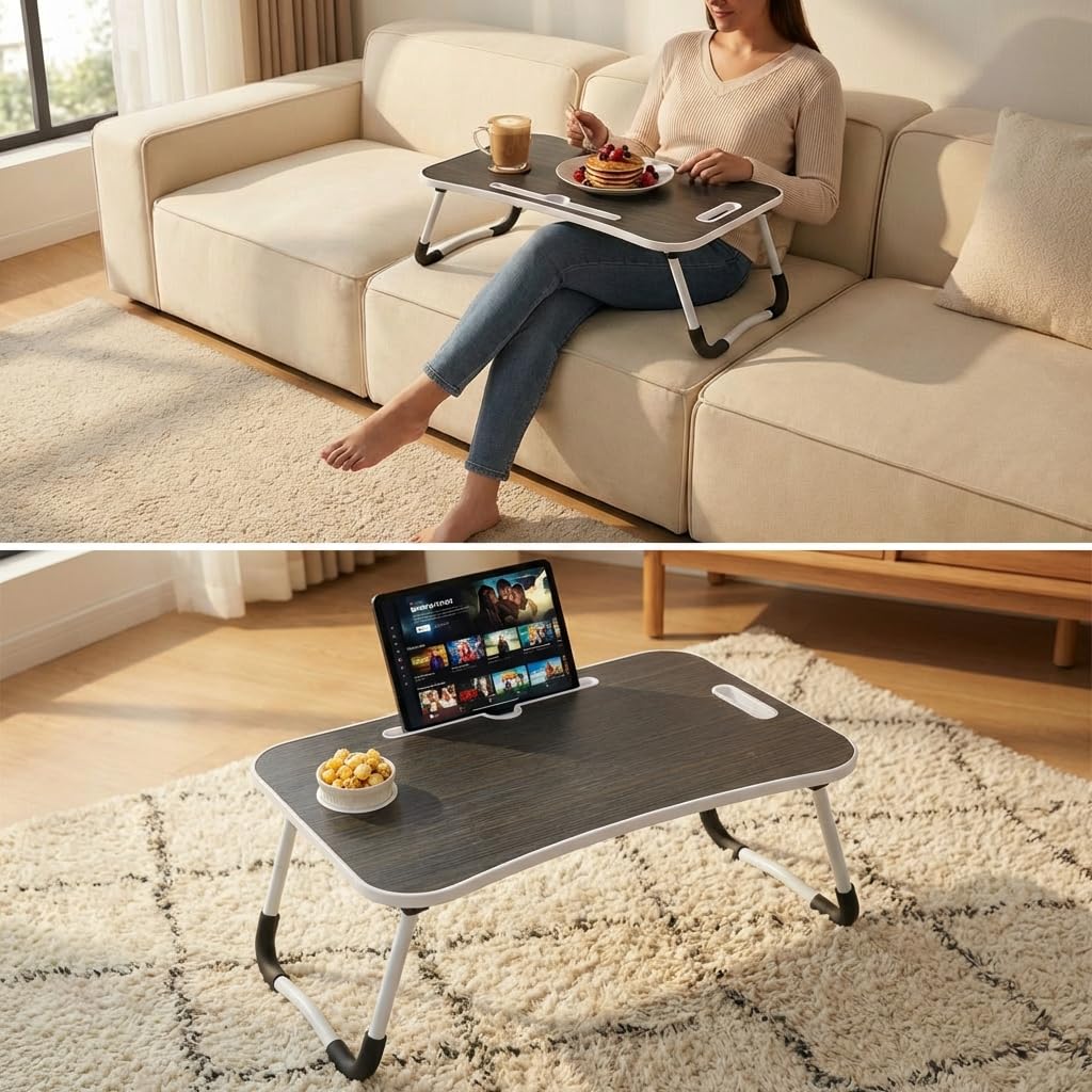 BUYIFY Folding Lap Desk, 23 Inch Portable Wood Black Laptop Bed Desk Lap Desk with Cup Holder, for Working Reading Writing, Eating, Watching Movies for Bed Sofa Couch Floor-XRP1