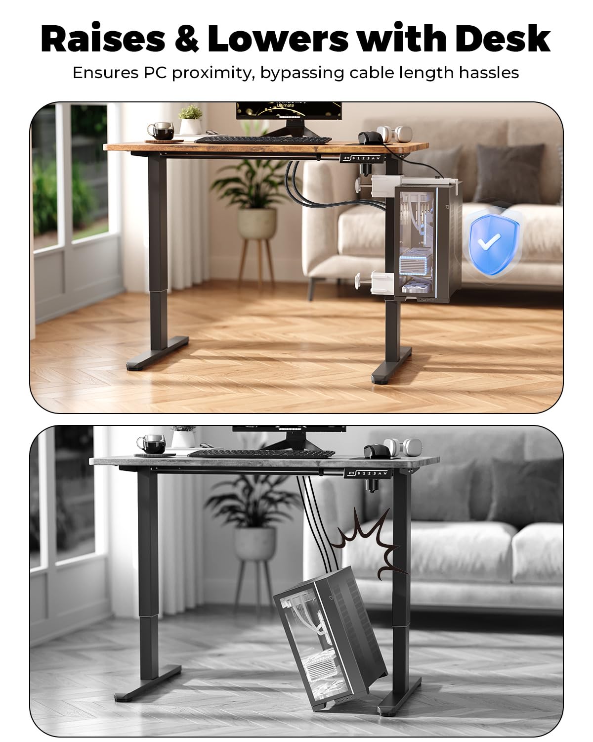 JOY worker Under Desk PC Mount for Standing Desk, Clamp-On Desk Leg Computer Mount, No Drilling, Adjustable Computer Case CPU Holder Holds Up to 44lbs, White PC Tower Mount