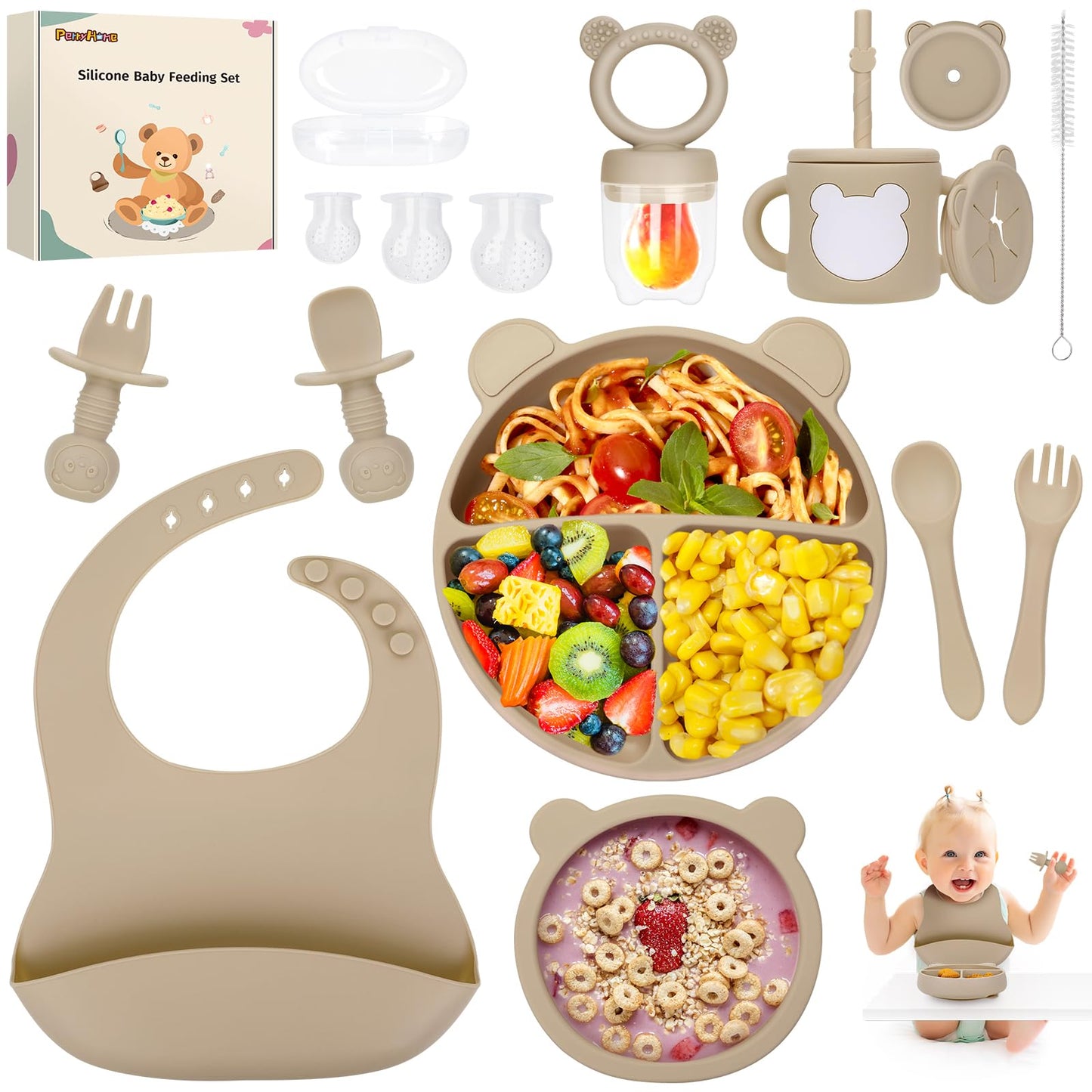 PERRYHOME 17-Piece Silicone Baby Feeding Set,Baby Led Weaning Feeding Supplies for Toddlers, Kids Suction Silicone Plates and Bowls Set for Baby Gift (Beige)