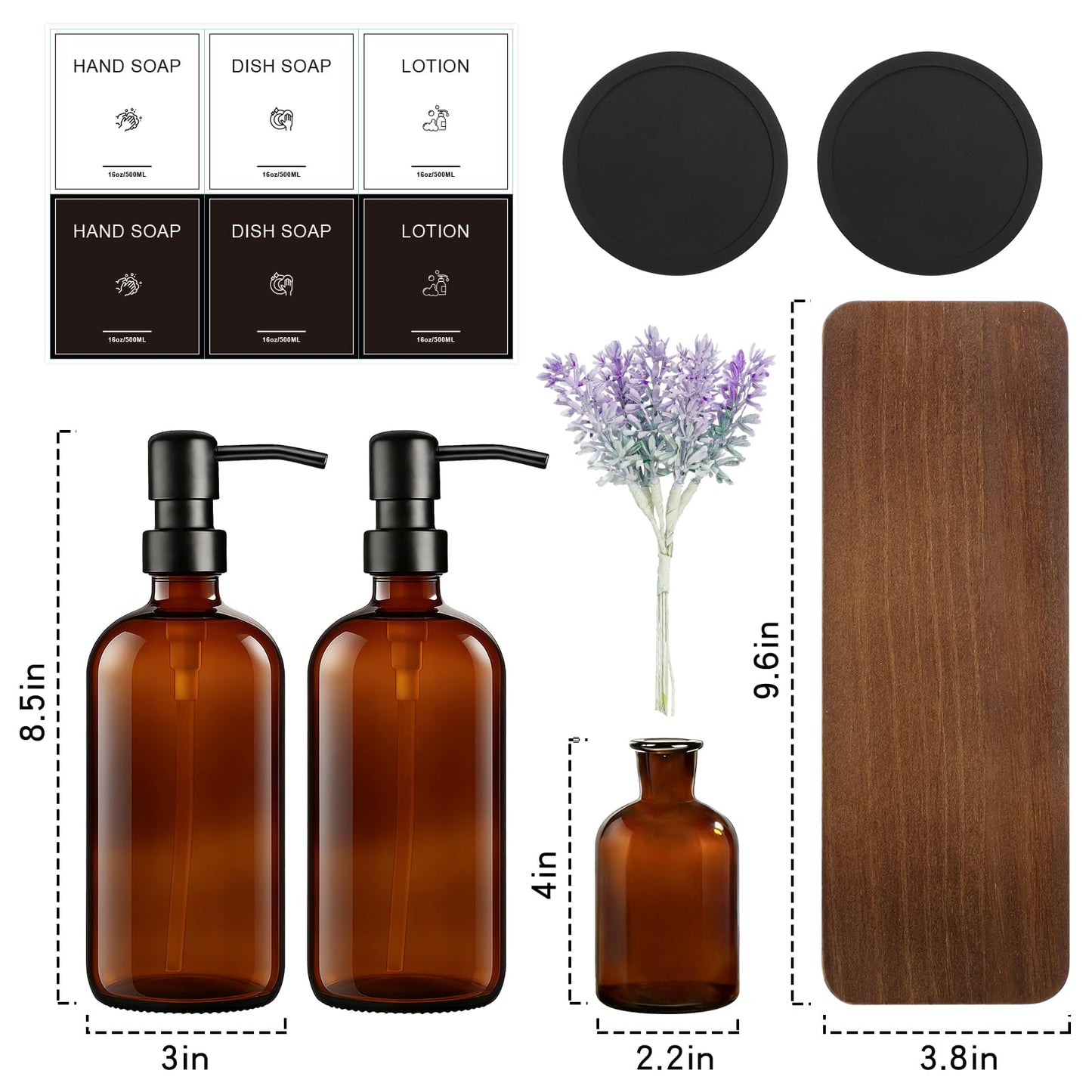 KEYWING Kitchen Soap Dispenser Set with Wood Tray, 16oz Amber Glass Soap Dispensers with Stainless Steel Pumps, Hand and Dish Soap Dispenser Set for Kitchen, Soap and Lotion Dispenser for Bathroom