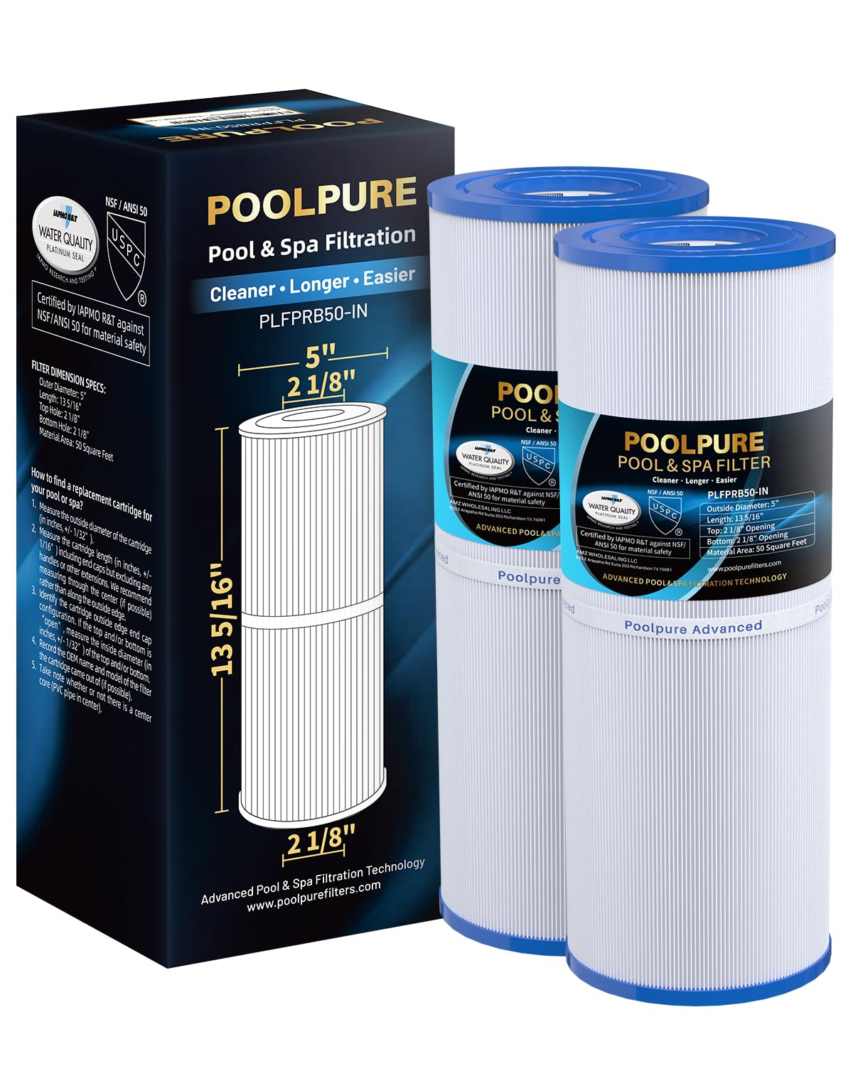POOLPURE Pack of 2 Spa Filter Hot Tub Filter Replacement for PRB50-IN, PRB501N, Unicel C-4950, Filbur FC-2390, 50 m² Spa Filter Cartridge 5 x 13