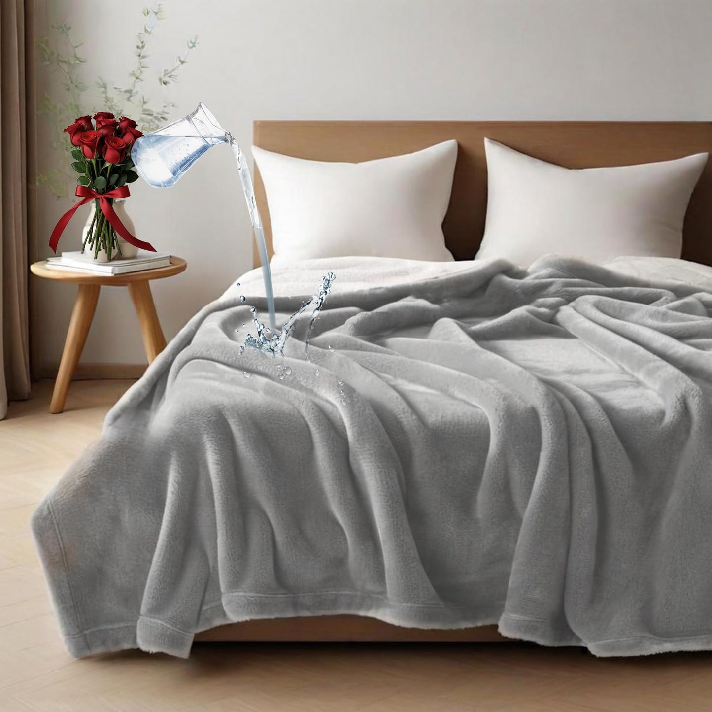 Haltune Waterproof and Stain Proof Blanket for Bed 230 * 203cm,King Size Grey Bed Dry Guard Blanket, Gray Flannel & Sherpa Throw Blanket