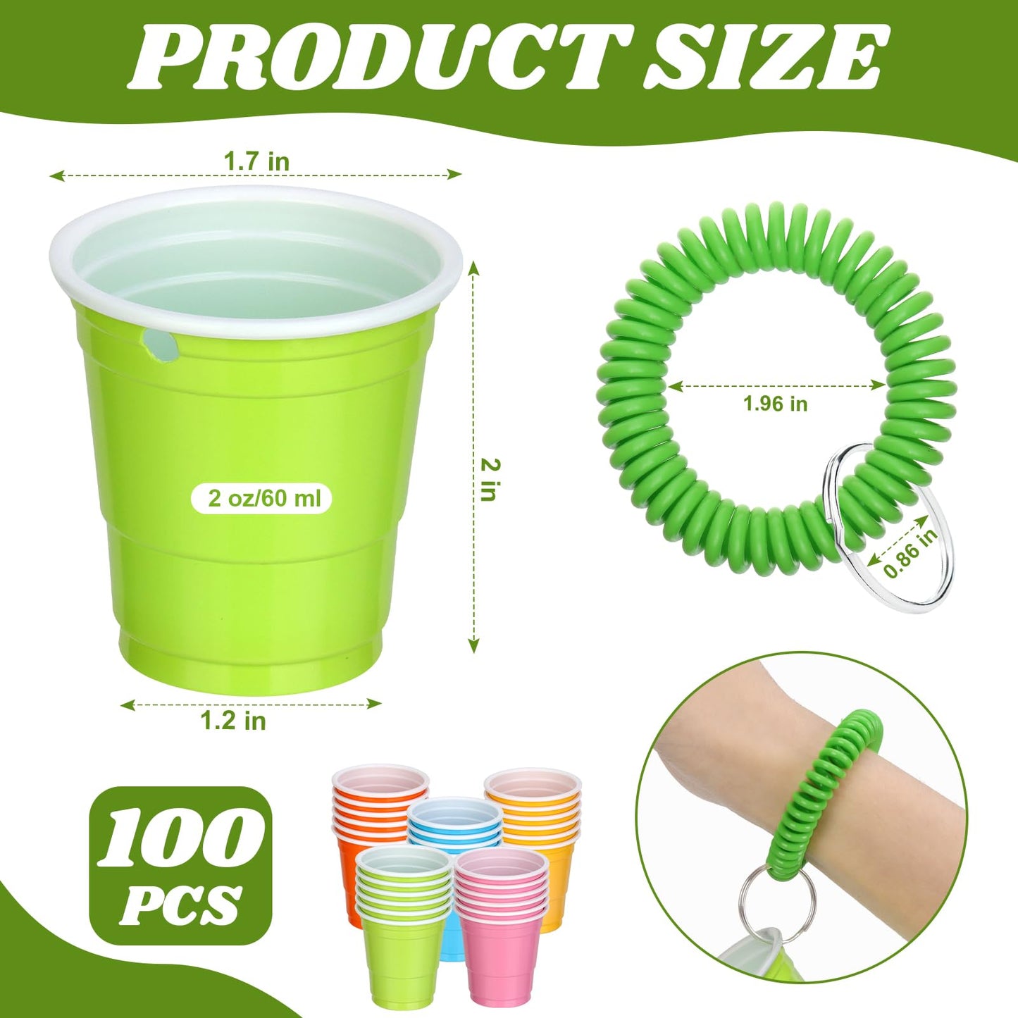 100 Pcs Multi Colors Shot Cups with Wristband for Party 2oz Plastic Shot Glasses Bulk Disposable Mini Shot Glasses with Bracelet Wear On Solo Cups for Festival Birthday Carnival Easter Party Supplies