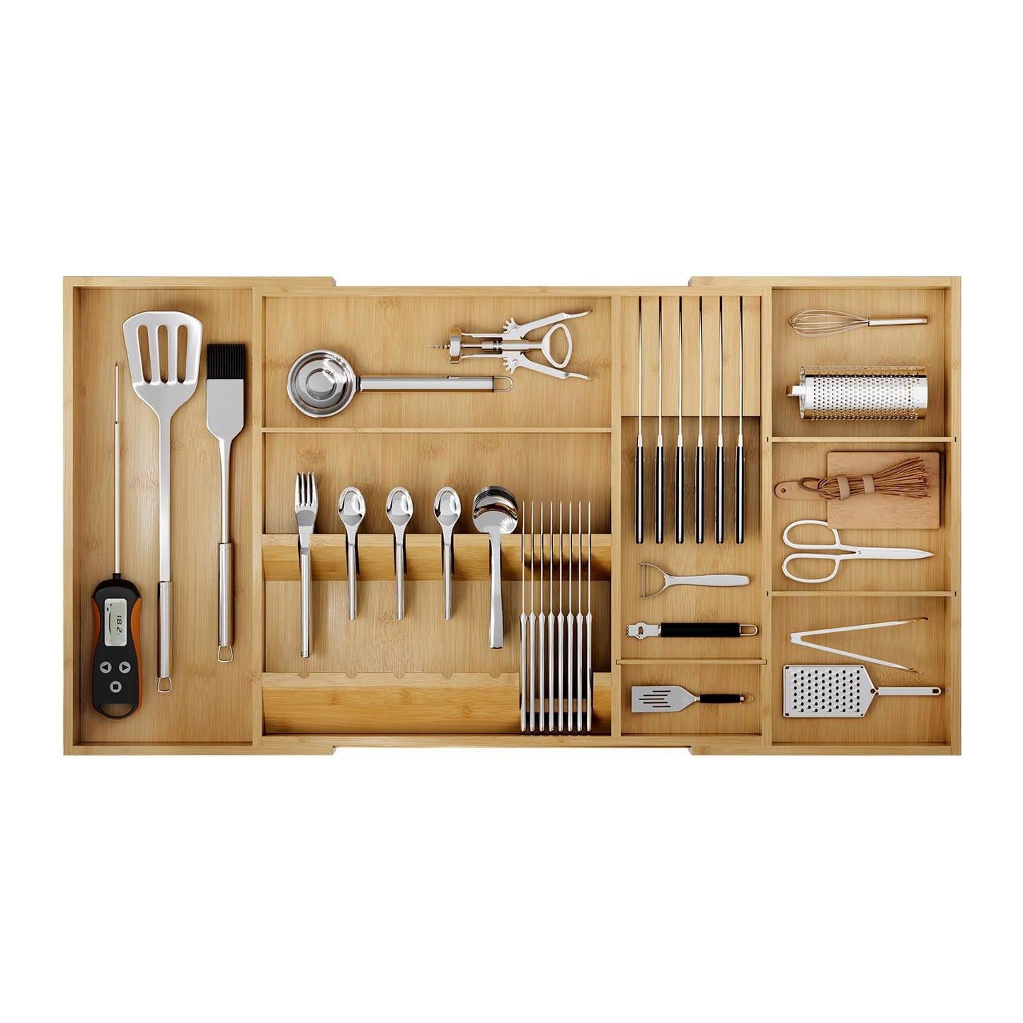 Landmok Large Bamboo Cutlery Organizer, 17.7-29.5 Inch Expandable Utensil Drawer Organizer, 8-Slot Kitchen Drawer Organizer with Removable Card Slots & Knife Block for Spoons Butter Knives, Natural
