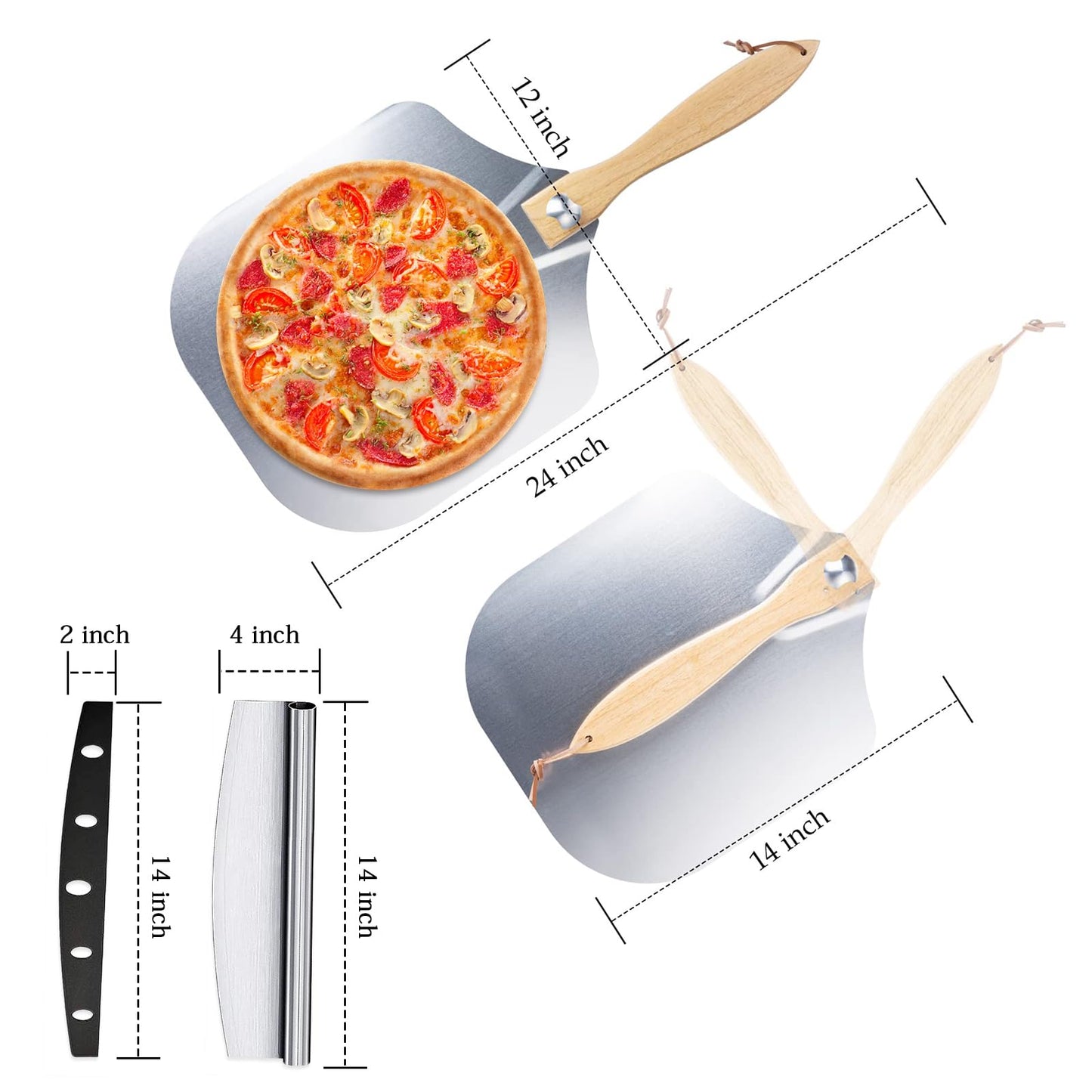 Ninonly Aluminum Pizza Peel 12" x 14" Pizza Paddle with Foldable Wood Handle, Metal Pizza Spatula with Rocker Cutter for Easy Storage&Clean, Pizza Tools for Pizza Oven Baking Pizza Bread Pastry