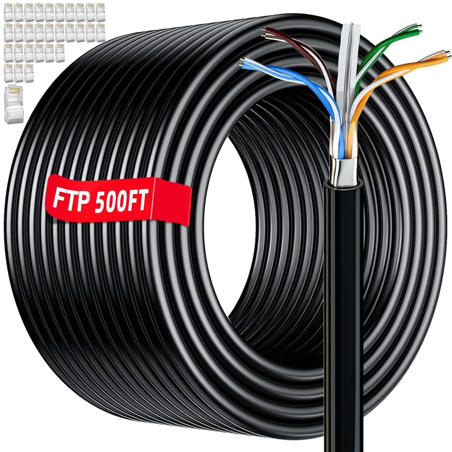 Cat 6 Outdoor Ethernet Cable 500ft Bulk (30 RJ45), Cat 6 Shielded Ethernet Cable, Direct Burial, 23AWG, Heavy Duty, In-Ground, POE, Waterproof UV Resistant Cat6 Internet Cables for Router Gaming, CCA