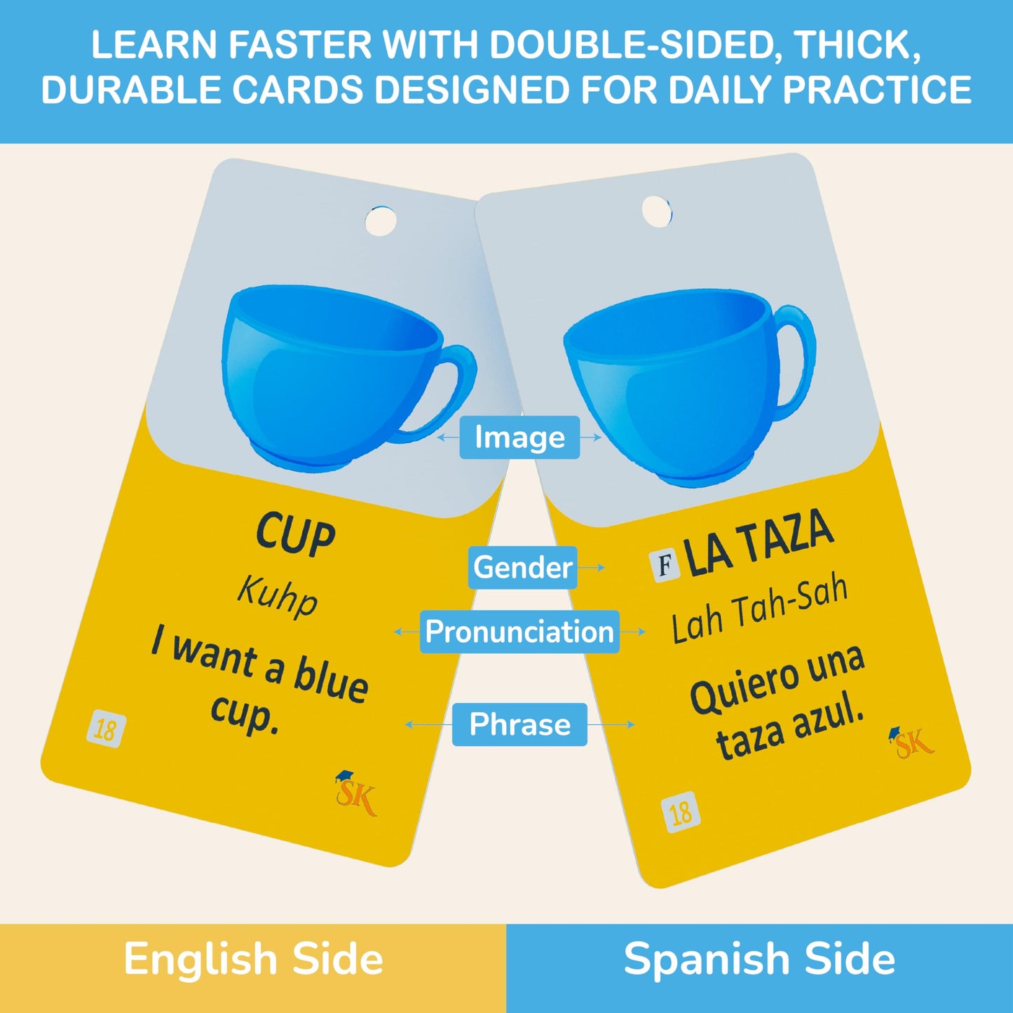 500+ English-Spanish Flash Cards for Adults and Kids 15+, Verb Conjugation, Nouns, Adjectives, and Phrases to Learn Spanish for Adult Beginners