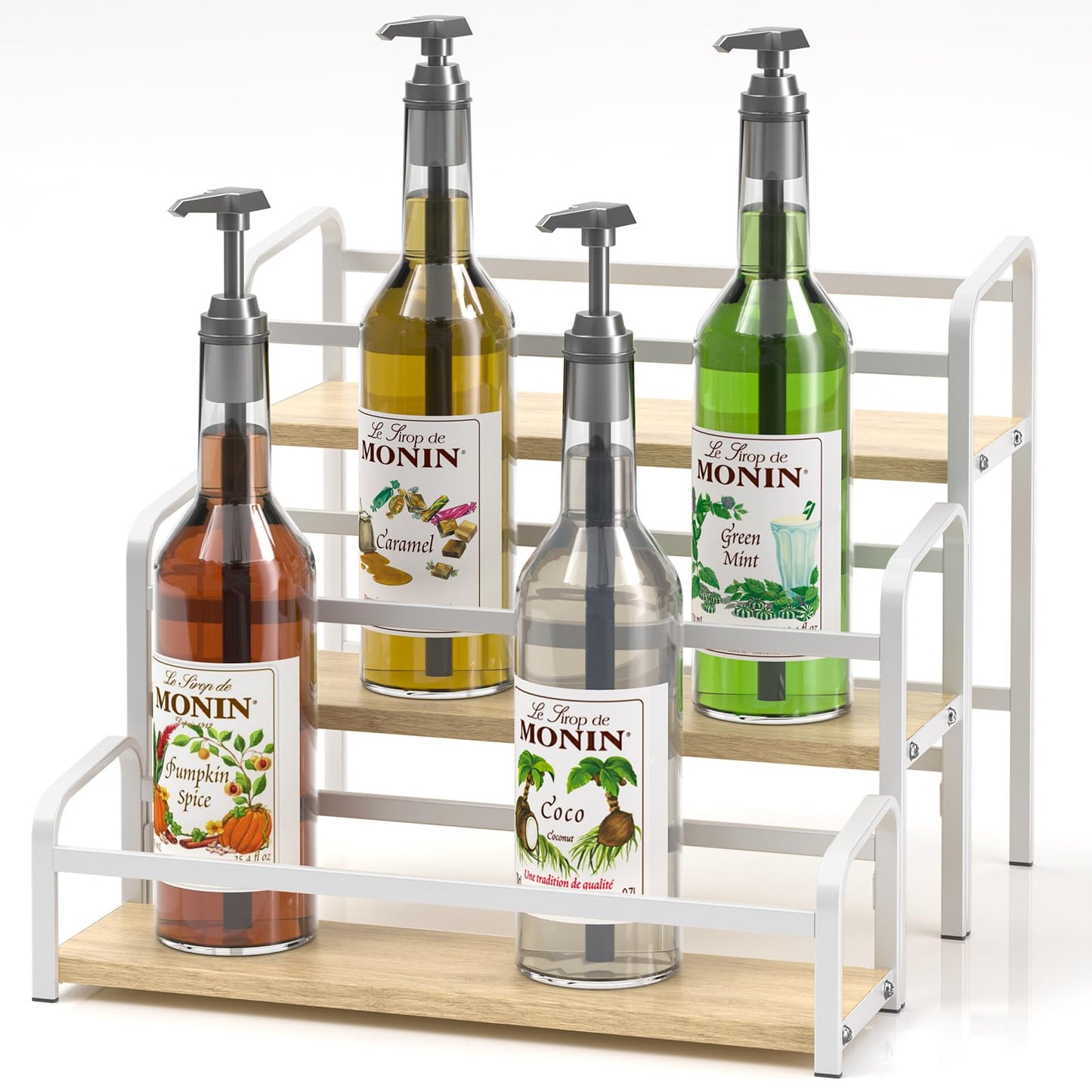 Coffee Syrup Organizer 3-Tier, 12 Bottles Capacity Syrup Rack for Coffee Bar Station, Wine Rack for Countertop, Tiered Spice Racks for Cabinet, Bottle Display Shelf Magnetic one-Step Installation
