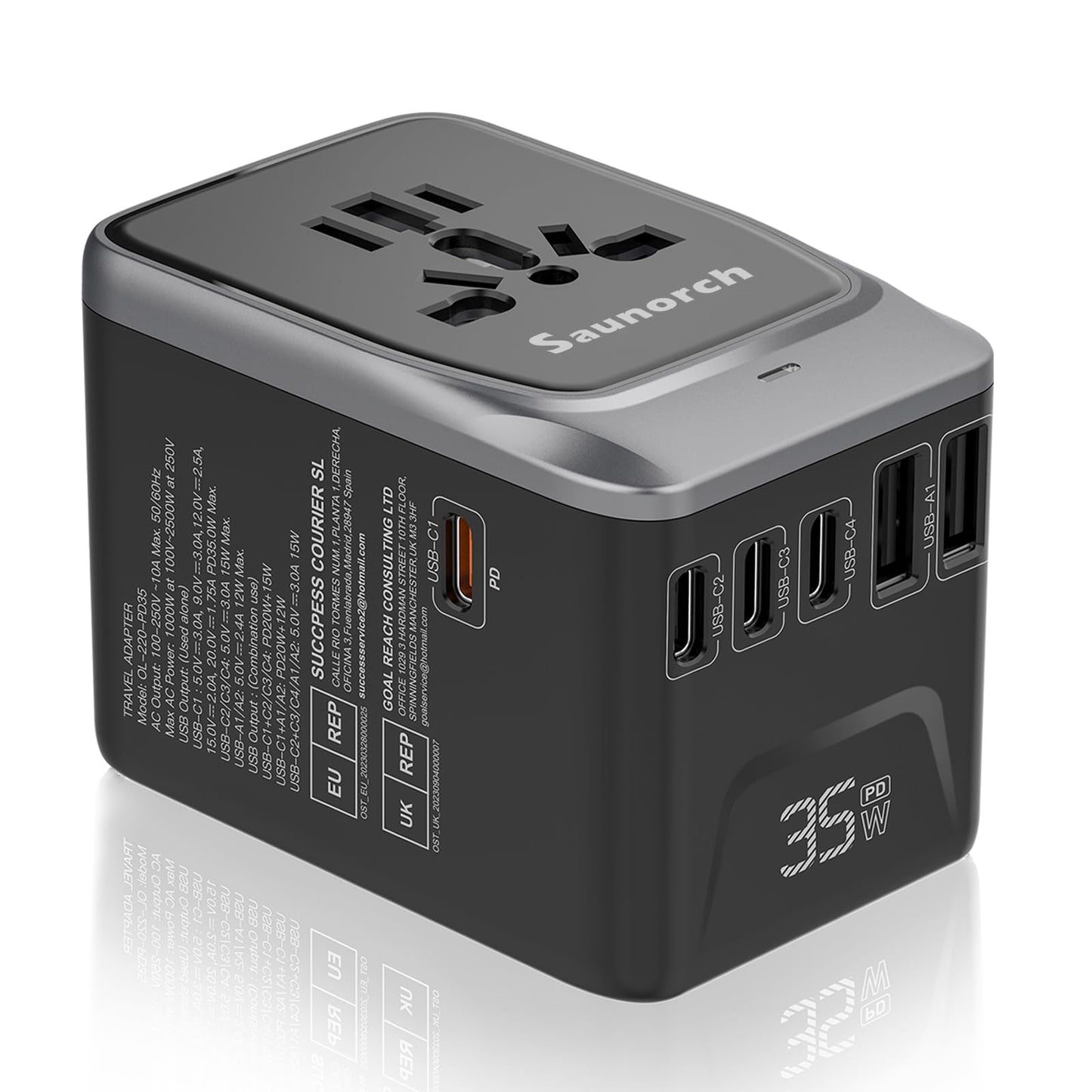 SAUNORCH Universal Travel Adapter, PD 35W 7 in 1 International Power Plug Adapter with 7.0A 4 USB-C and 2 USB-A Fast Wall Charger, Worldwide AC Outlet for US Europe UK AUS (Black+Silver)