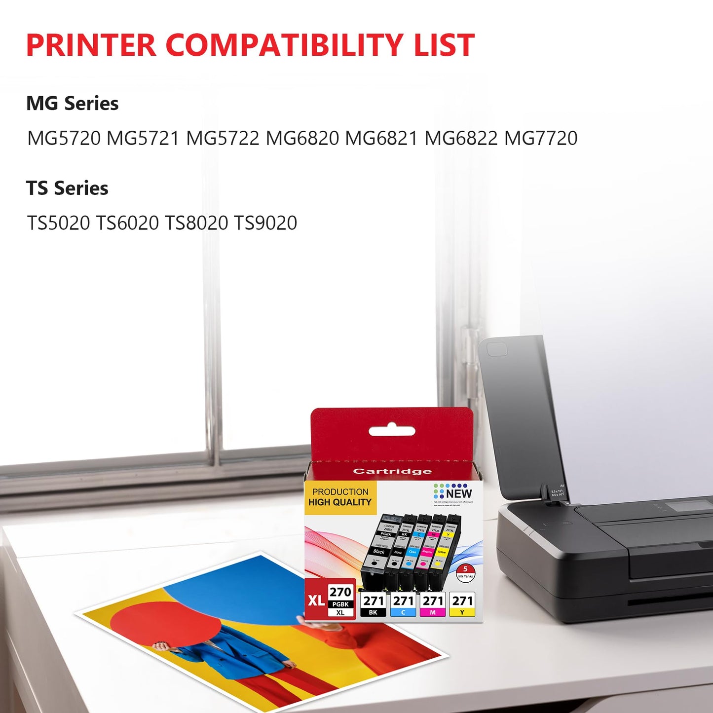 PGI-270 CLI-271 Ink Cartridge Replacement for Canon Ink 270 and 271 Cartridge TS6020 TS9020 MG7720 MG6821 MG5720 MG5721 MG5722 (PGBK Black Cyan Magenta Yellow, 5XL Pack)
