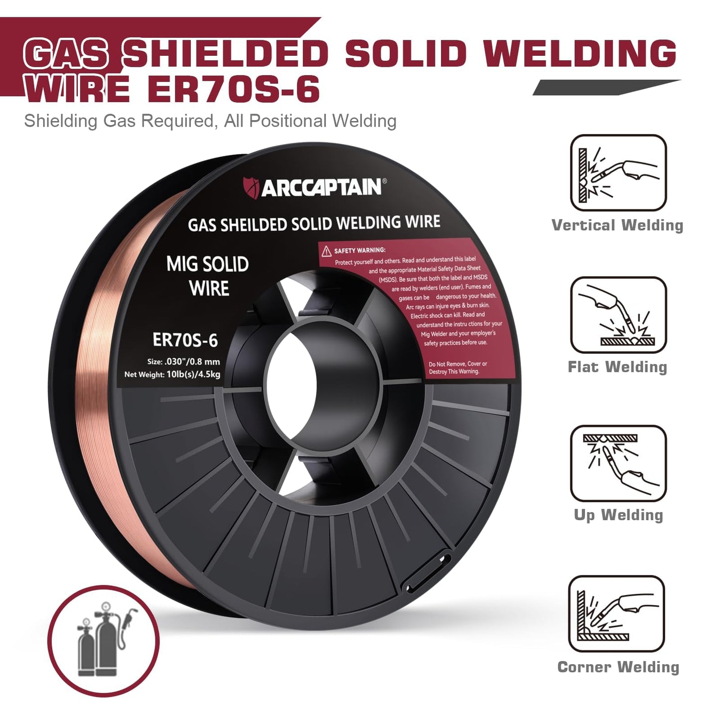 ARCCAPTAIN Mig Welding Wire, .030 Mig Wire ER70S-6 10Lbs Gas Solid Carbon Steel Low Splatter & High Levels of Deoxidizers Mig Welding Wire Compatible with Lincoln Miller Forney Harbor Welder