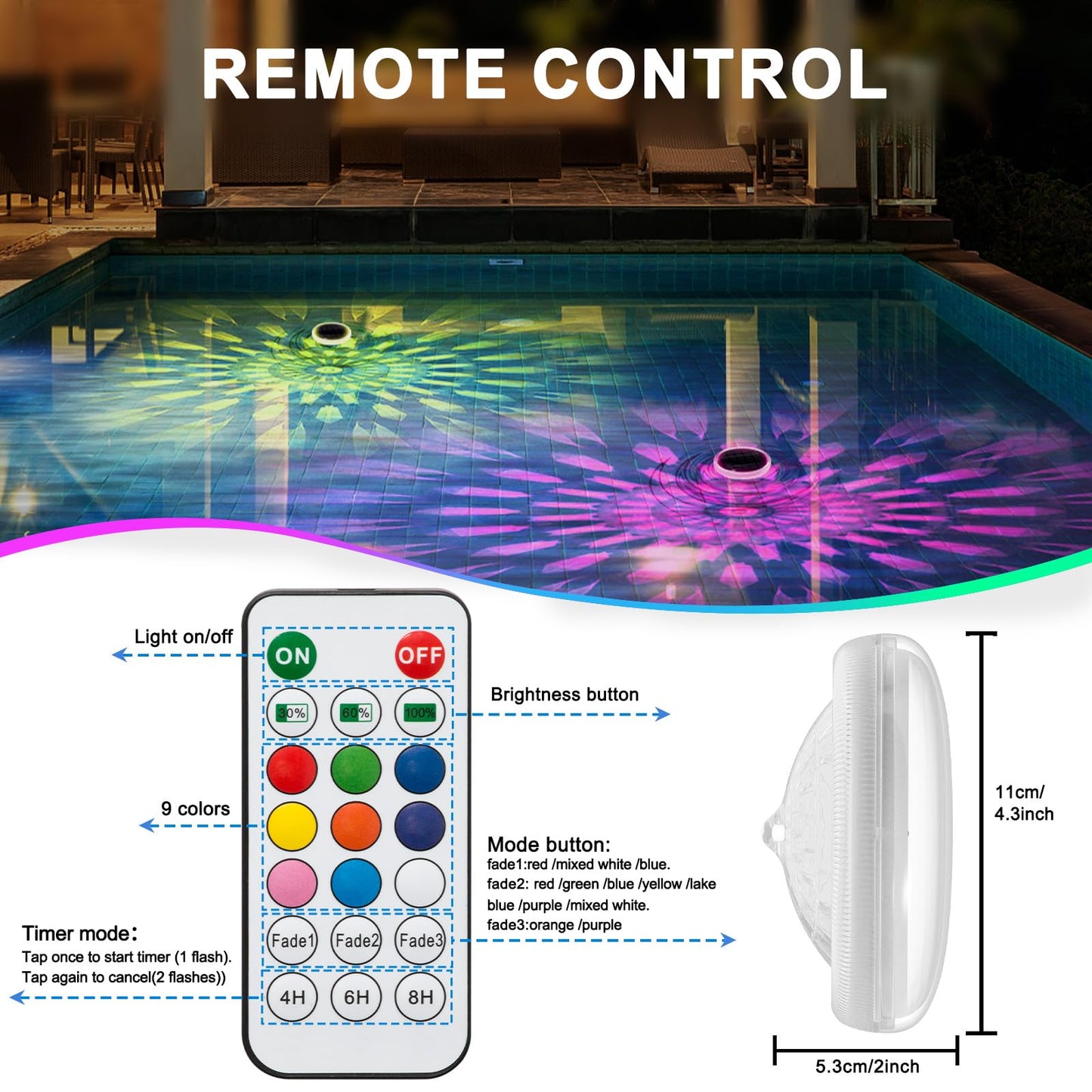 MATEPROX Solar Floating Pool Lights, Rechargeable RGB Pool Light with Remote Control, 9 Lighting 3 Mode, IPX7 Waterproof for Swimming Pool, Garden, Bathtub, Indoor Parties(2 PCS)