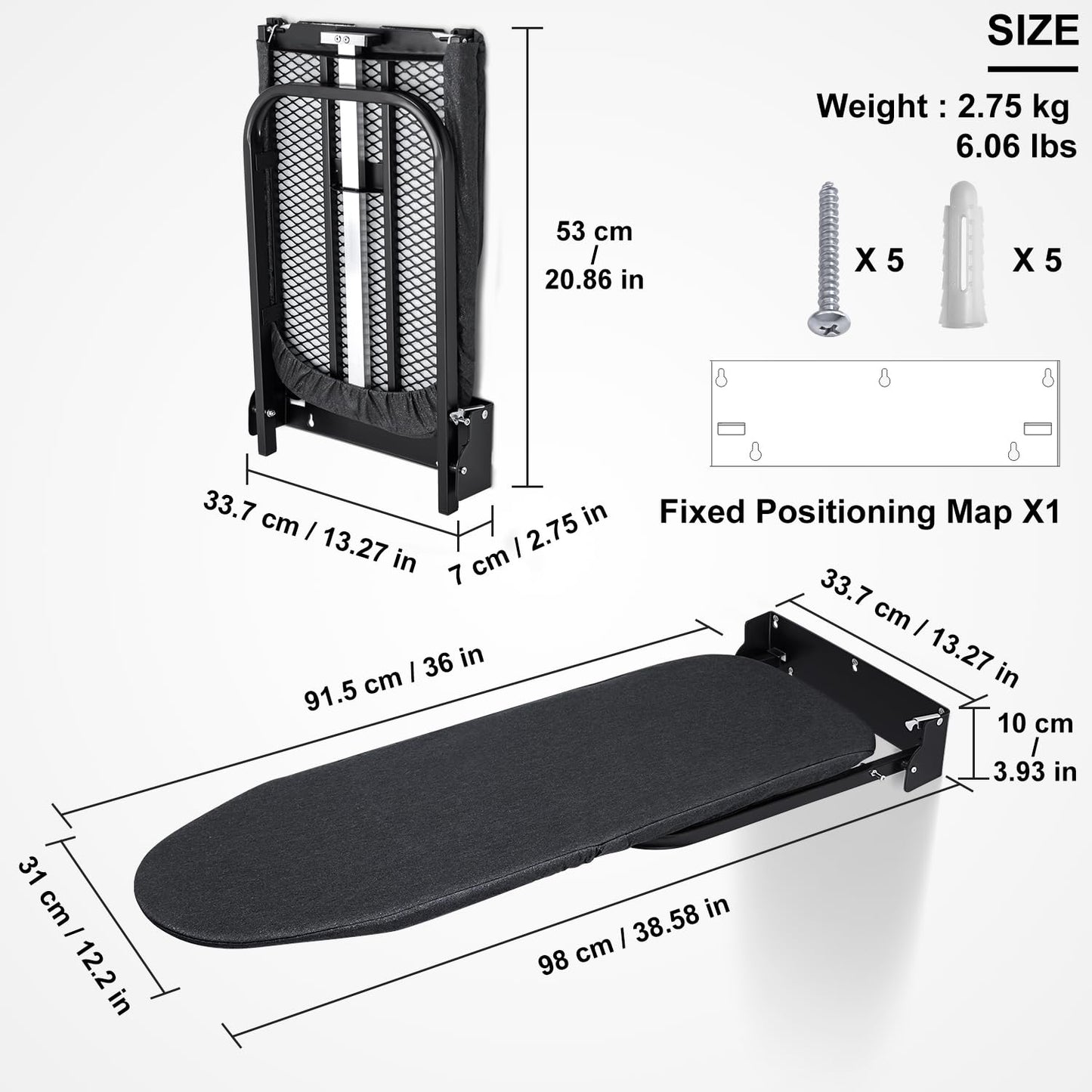 Duwee 12"×36" Wall Mounted Ironing Board,Folding Ironing Board Cabinet with Heat Resistant Cover,Compact Wall Mount Fold Down Iron Board for Small Spaces