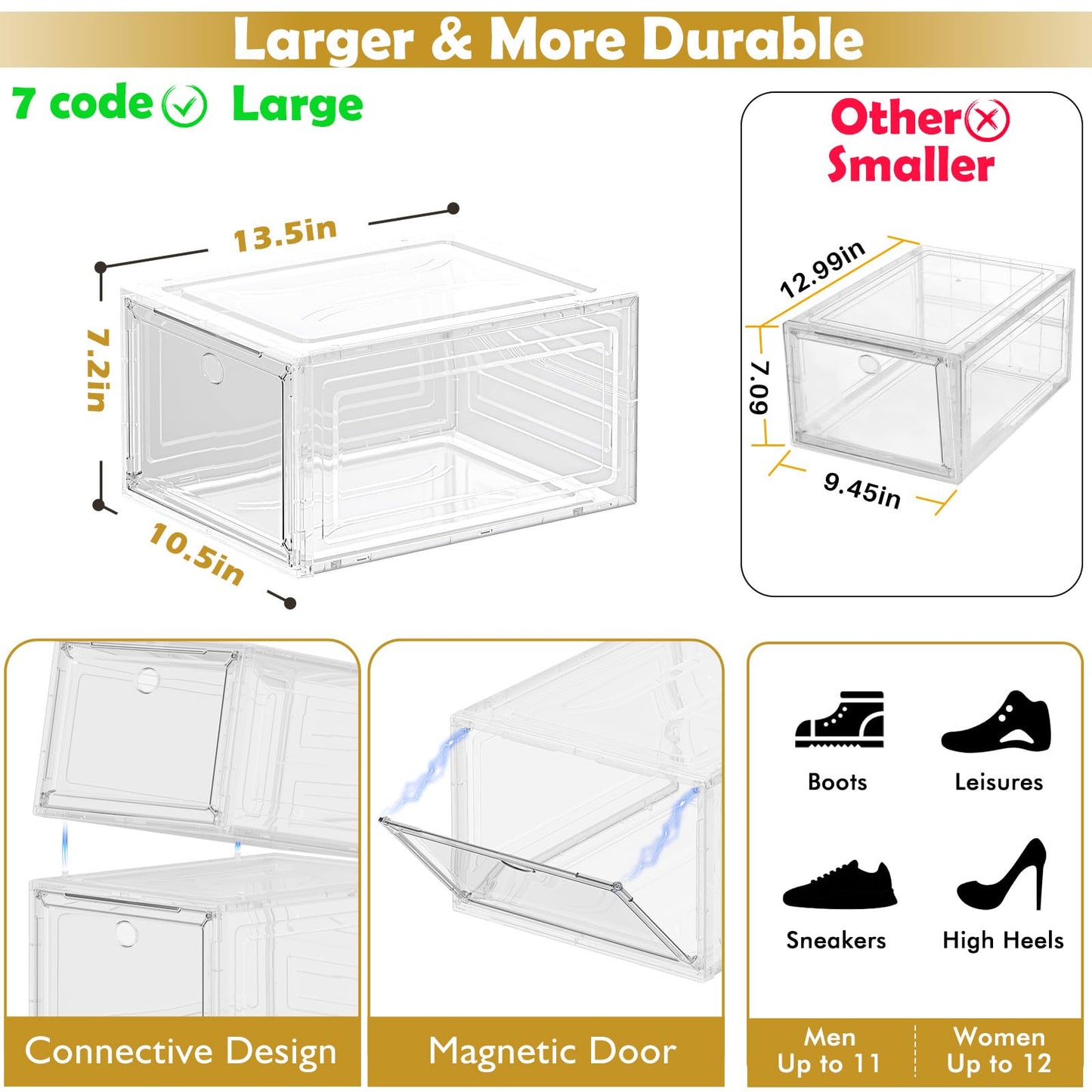 Large Clear Shoe Boxes Organizer [Thicker Material] Stronger Shoe Box with Magnetic Door, Stackable Shoe Storage Box for Closet, Foldable Space-Saving Storage Bins Shoe Cabinet, Clear White, 9-Pack