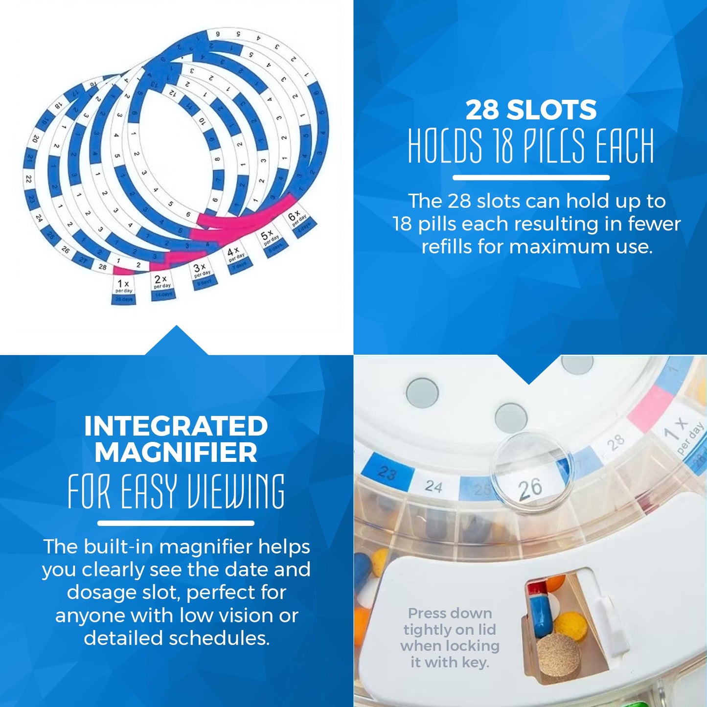 Automatic Pill Dispenser with 28-Day Electronic Medication Organizer - Lockable Key Pill Container with LCD Display, Light and Sound Reminder Alarm for Scheduled Medication for Seniors and Elderly