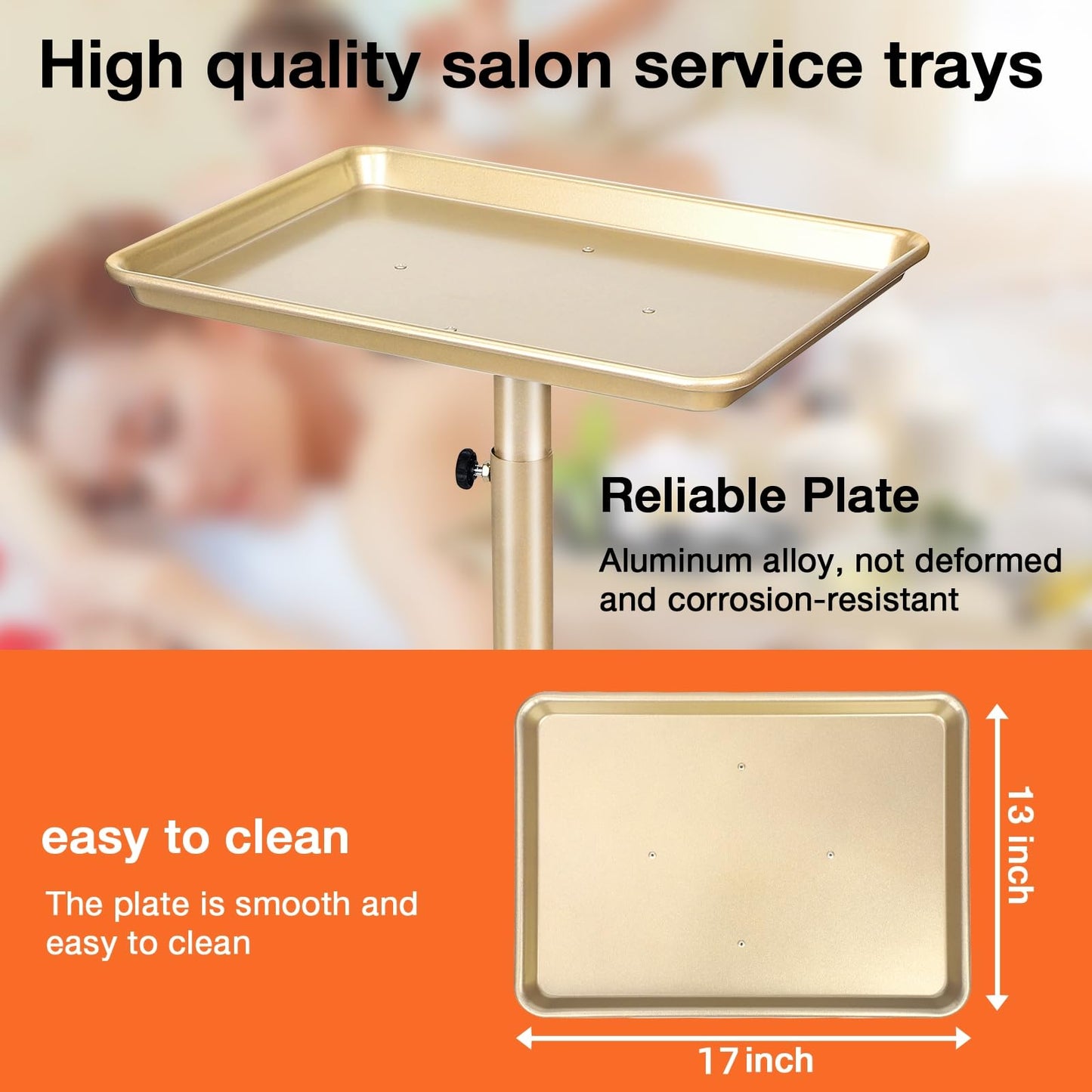 Salon Tray on Wheels, Champagne Gold Salon Tray Cart with Adjustable Height, Hair Stylist Tray, Premium Metal Tattoo Tray, Suitable for SPA and Dental Tray