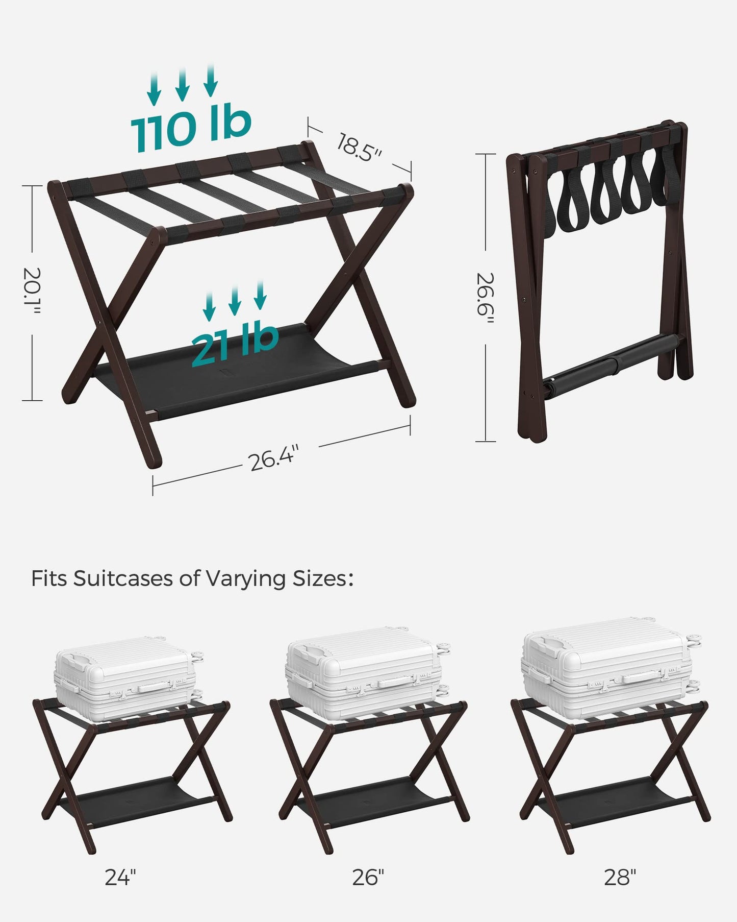 SONGMICS Luggage Rack, Bamboo Luggage Rack for Guest Room, Folding Suitcase Stand, for Hotel, Bedroom, Heavy-Duty, Holds up to 131 lb, Chestnut Brown URLR007R01