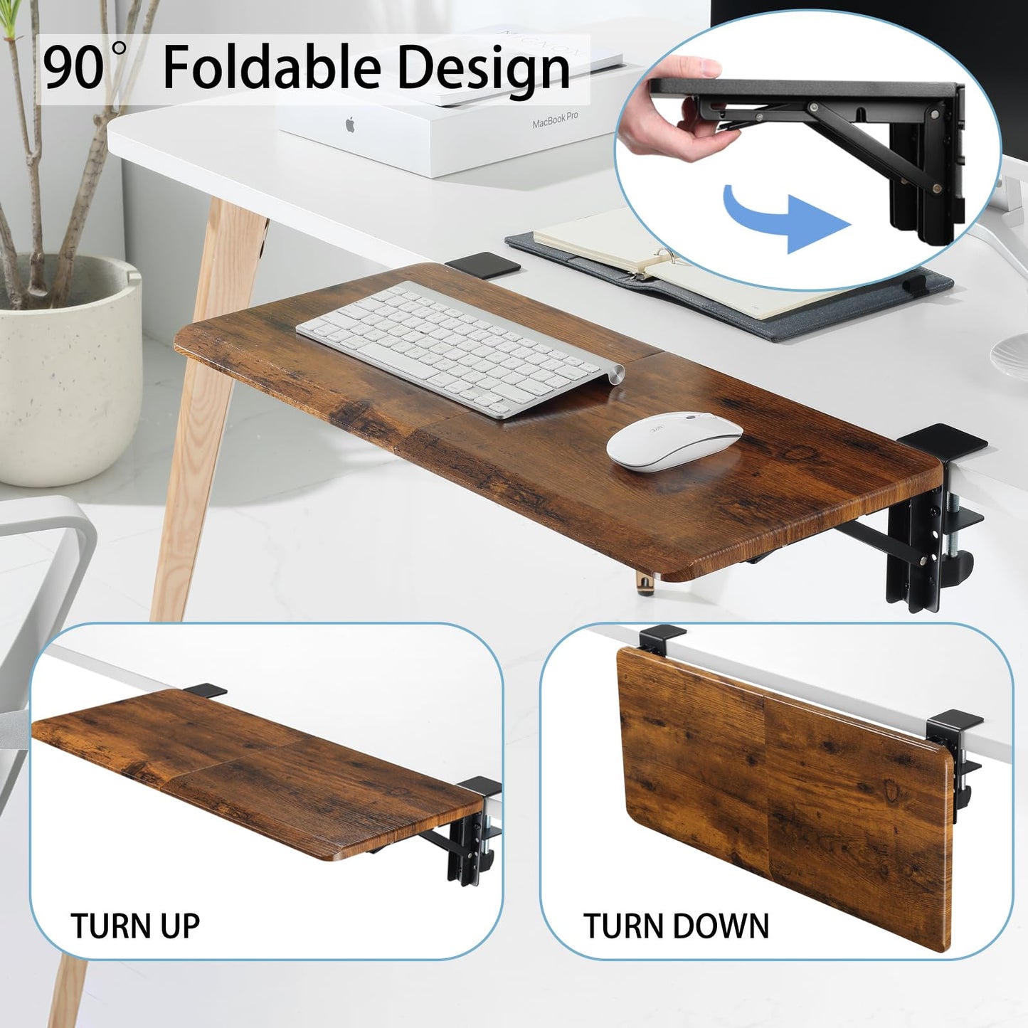 Ergonomics Desk Extender Tray, 25.6"x11.4" Large Size Foldable Keyboard Tray Platform Clamp On, Armrest Support for Home and Office, Walnut