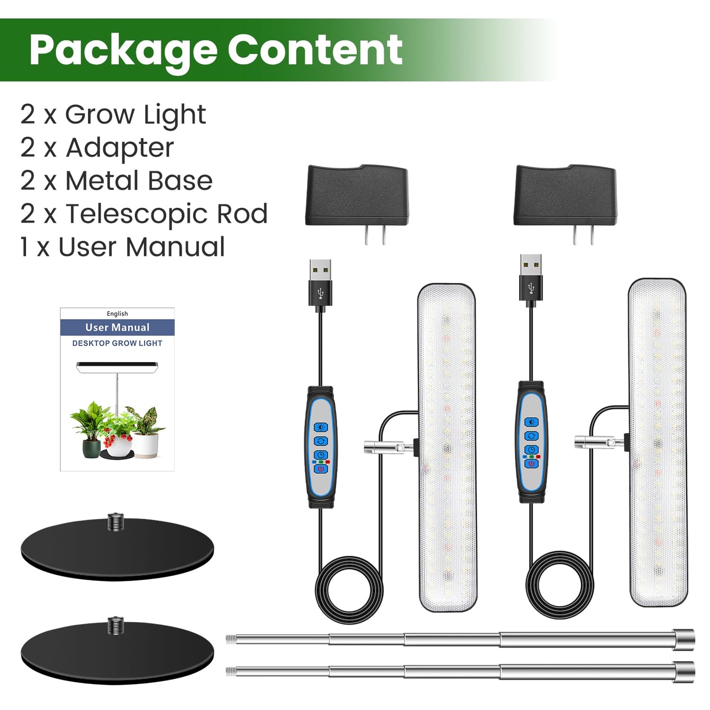 Aumtrly Grow Light, Full Spectrum Desktop Plant Lights for Indoor Growing Seedling 2 Pack, Large Area Lighting LED Grow Lamp with Base, Height Adjustable 26 Inch Black with 6/12/16H Timer
