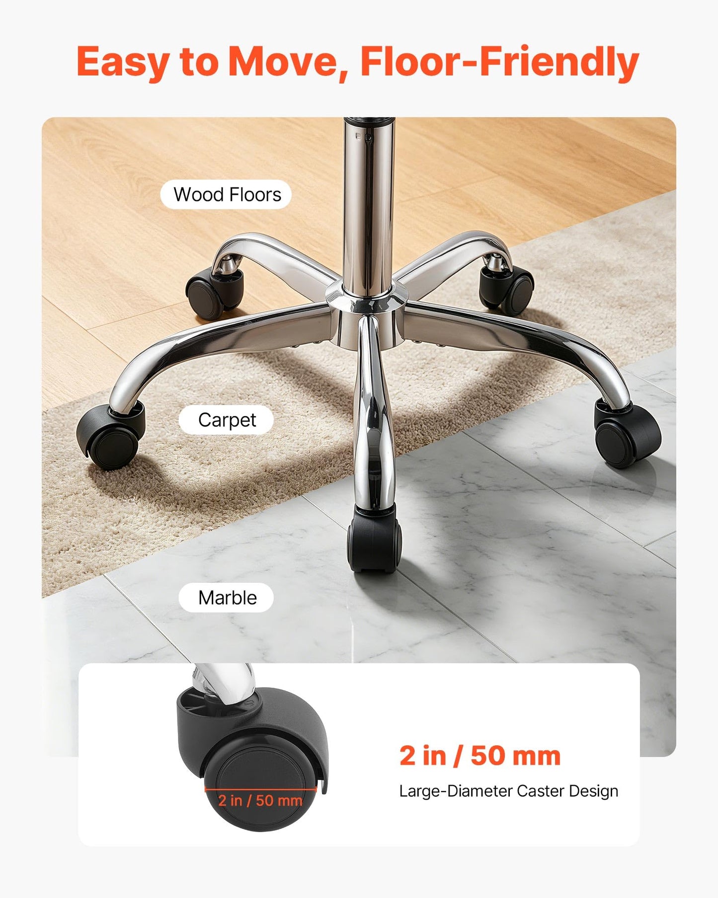 VEVOR Rolling Stool with Wheels, 500 lbs Weight Capacity, Height Adjustable, Thick Cushion Ergonomic PU Leather Seat, 360° Swivel Round Rolling Stool Chair for Salon, Spa, Clinic, Medical, Black