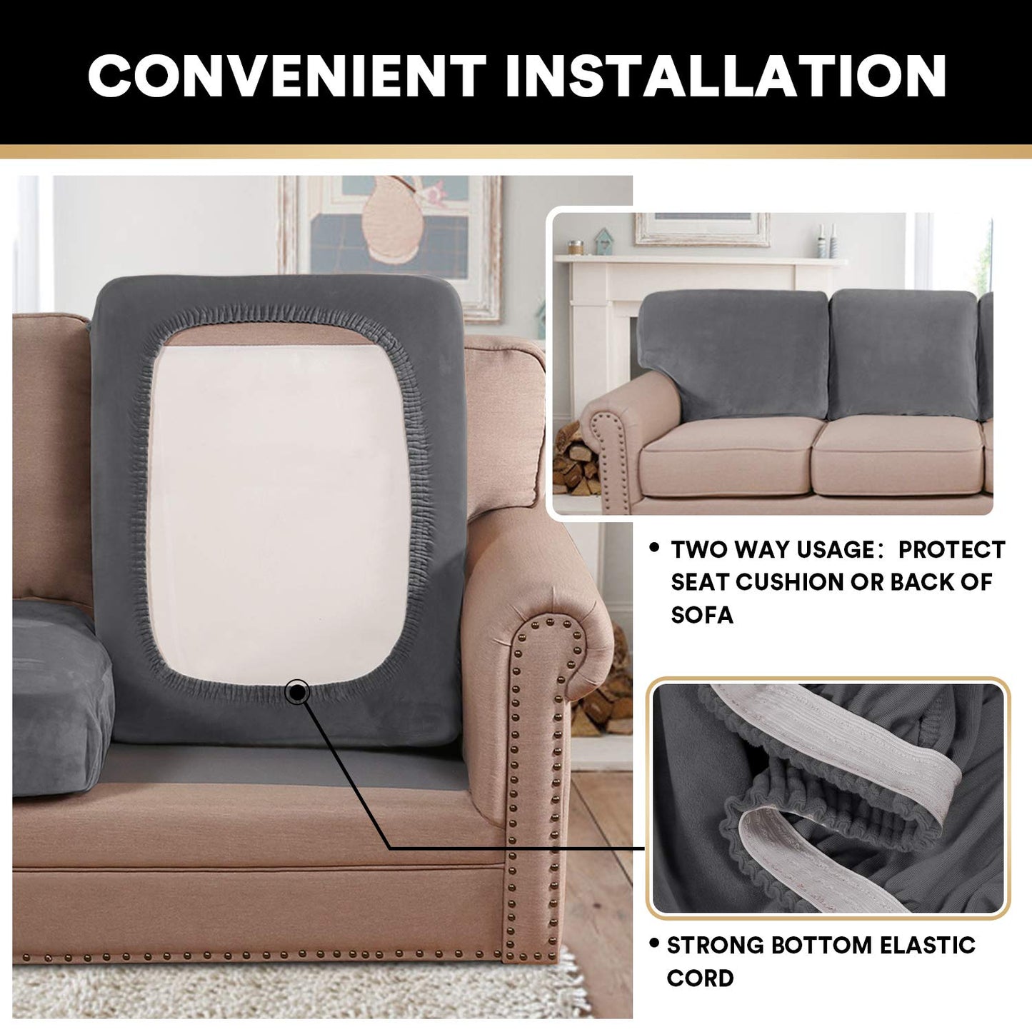Stretch Velvet Couch Cushion Covers for Individual Cushions Sofa Cushion Covers Seat Cushion Covers, Thicker Bouncy with Elastic Edge Cover up to 10 Inch Thickness Cushions (3 pieces, Grey)