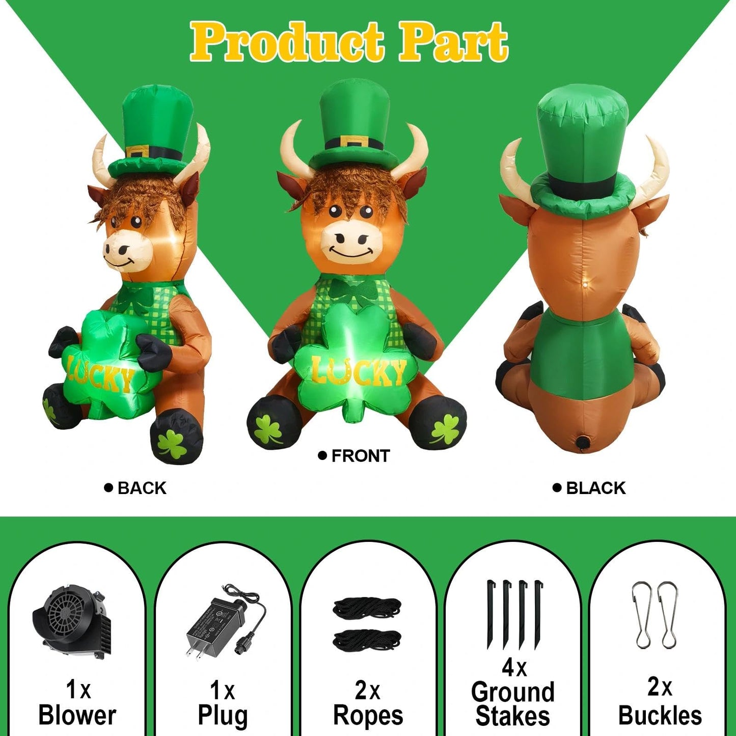 inslife 5FT Tall St. Patrick's Day Inflatable Outdoor Decoration Highland Cow Wearing Hat with Lucky Shamrock Built-in 2 LEDs for St. Patrick's Day Yard Garden Lawn Home Party Indoor Decor