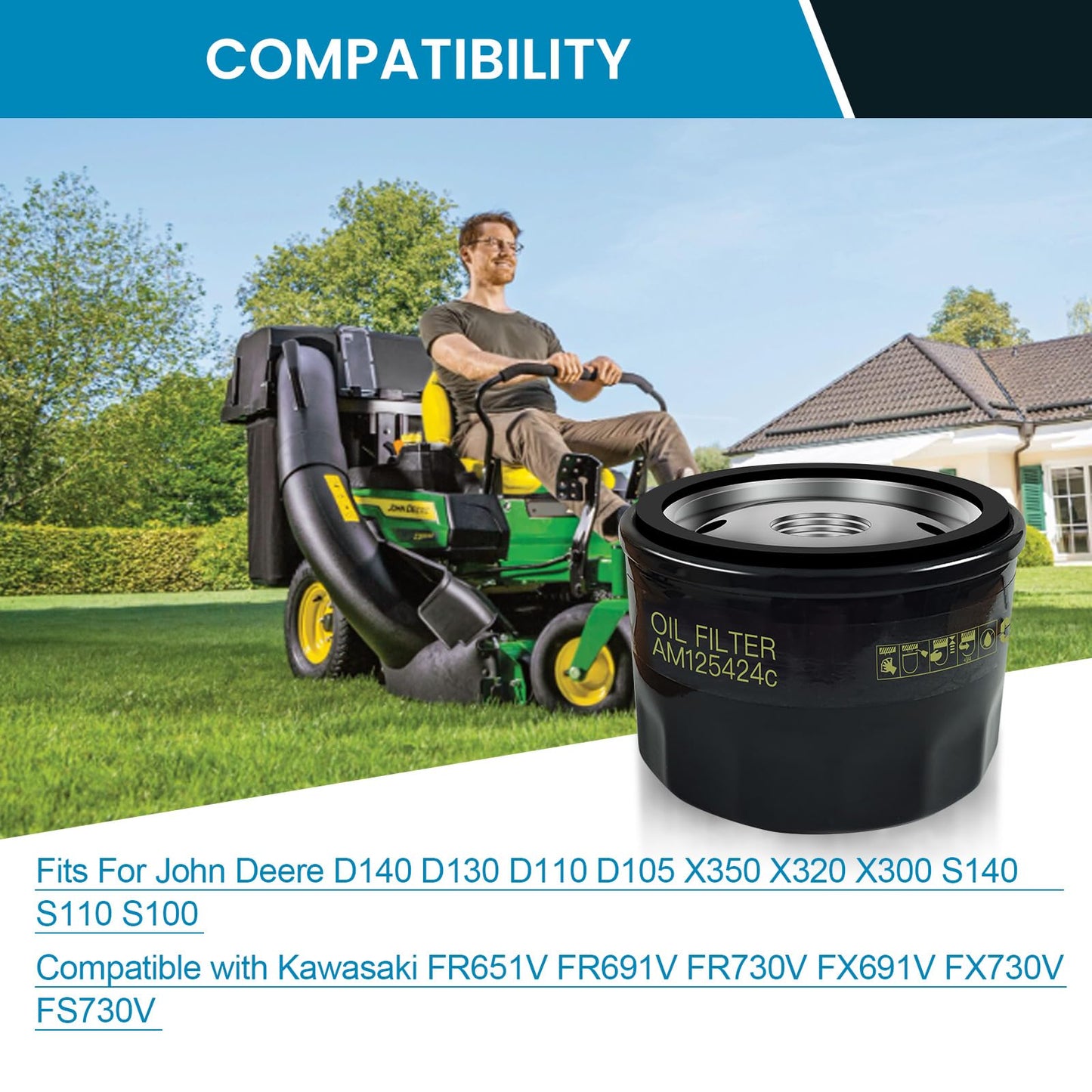 4 Pack AM125424 Oil Filter for John Deer AM125424c GY20577 D140 D130 D110 D105 X350 X320 X300 S140 S110 S100, Replace for Kawasaki 49065-7007 49065-0721
