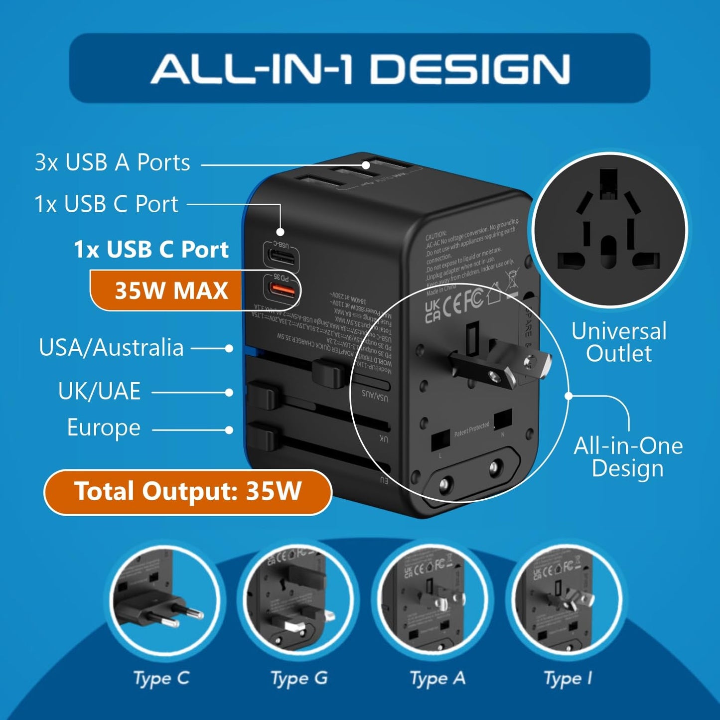 Ceptics World International Travel Plug Adapter - Powerful 35W with Pd & QC 3.0 Dual USB-C Power - 3 USB Ports Wall Charger Type I C G A Outlets 110V 220V A/C - EU Euro US UK