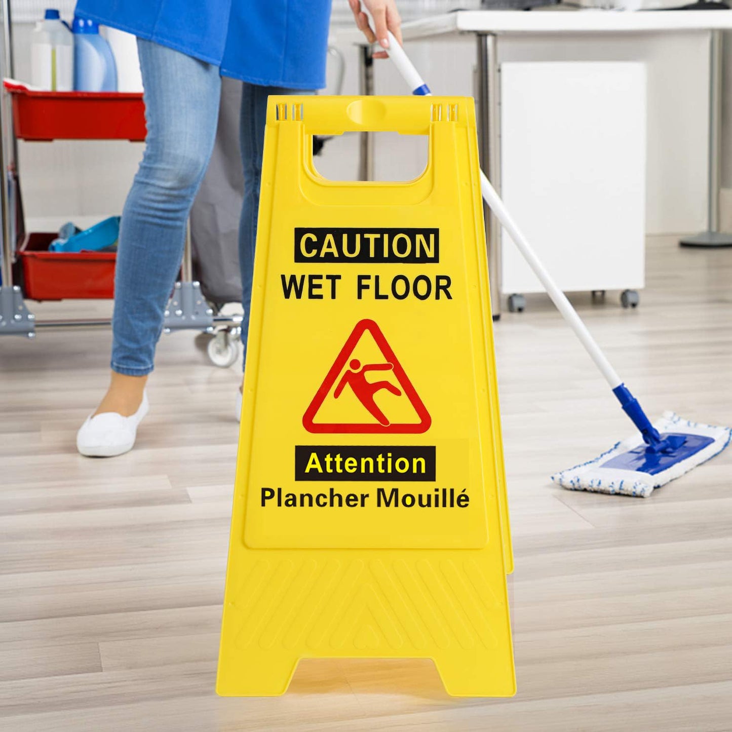 60cm Bilingual Janitorial Caution Wet Floor Sign, "Caution Wet Floor/Attention Plancher Mouillé Foldable Sturdy Bilingual Double-Sided French/English Yellow 2 pack