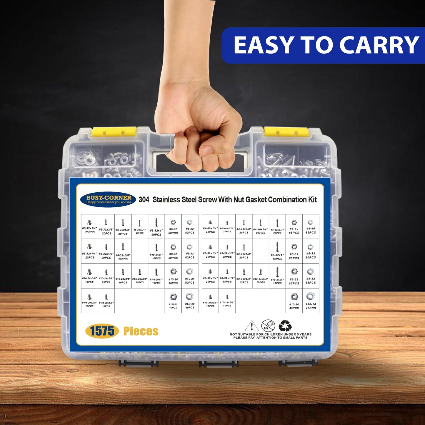 BUSY-CORNER 1575 PCS Nuts and Bolts Assortment Kit, Stainless Steel Phillips Pan Head & Flat Head Screws, Assorted Nuts Bolts Washers with Double Sided Organizer Box, M6
