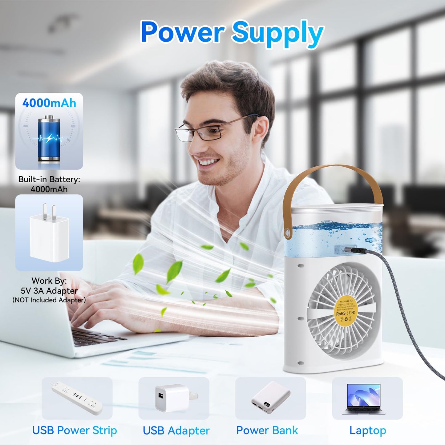 Portable Air Conditioner Cooling Fan, Rechargeable Mini Evaporative Personal Air Cooler Fan with 3 Speeds and 2 Spray, 1/2/3H Timer, 7 Night Light, for Room Bedroom, Office, Desk