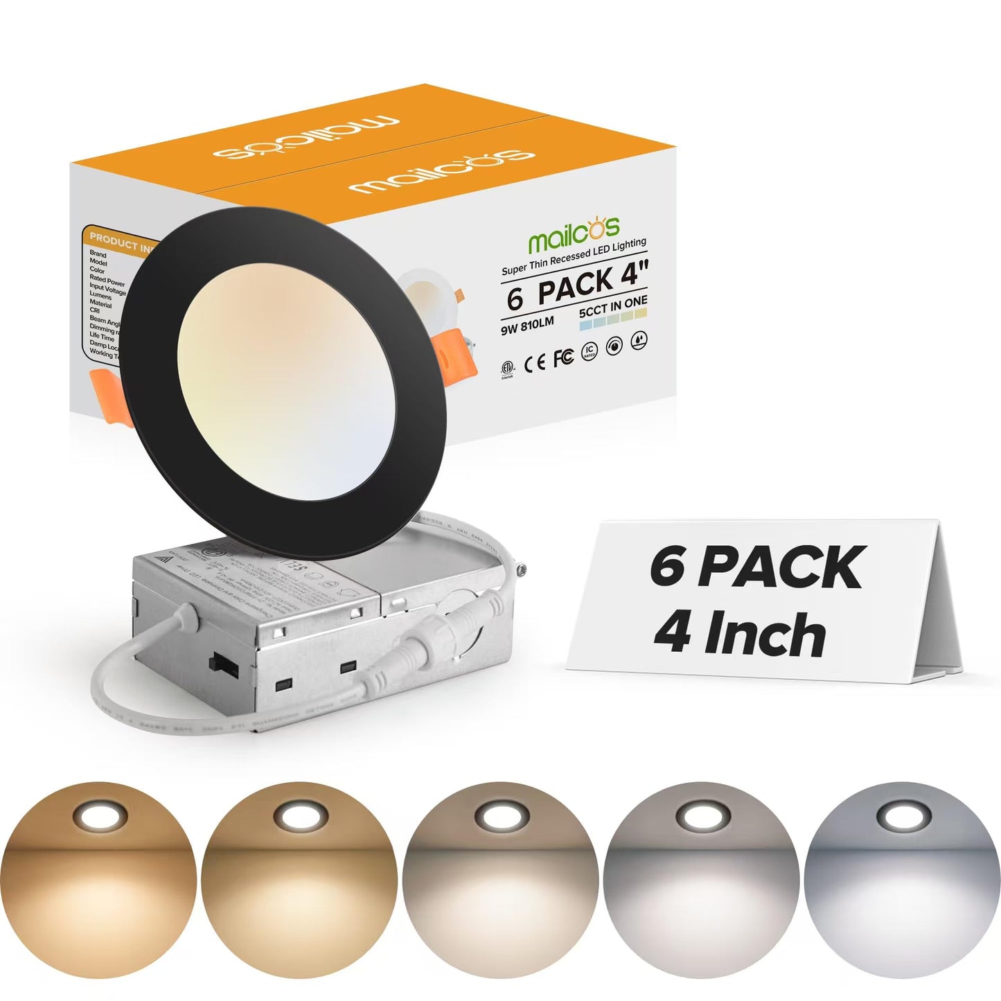 MAILCOS 4 Inch 5CCT Black Ultra-Thin LED Recessed Ceiling Light with Junction Box, 2700K-5000K Selectable, 1050LM High Brightness, 0%-100% Dimmable Canless Wafer Downlight, 12W 120V, ETL（6pack）