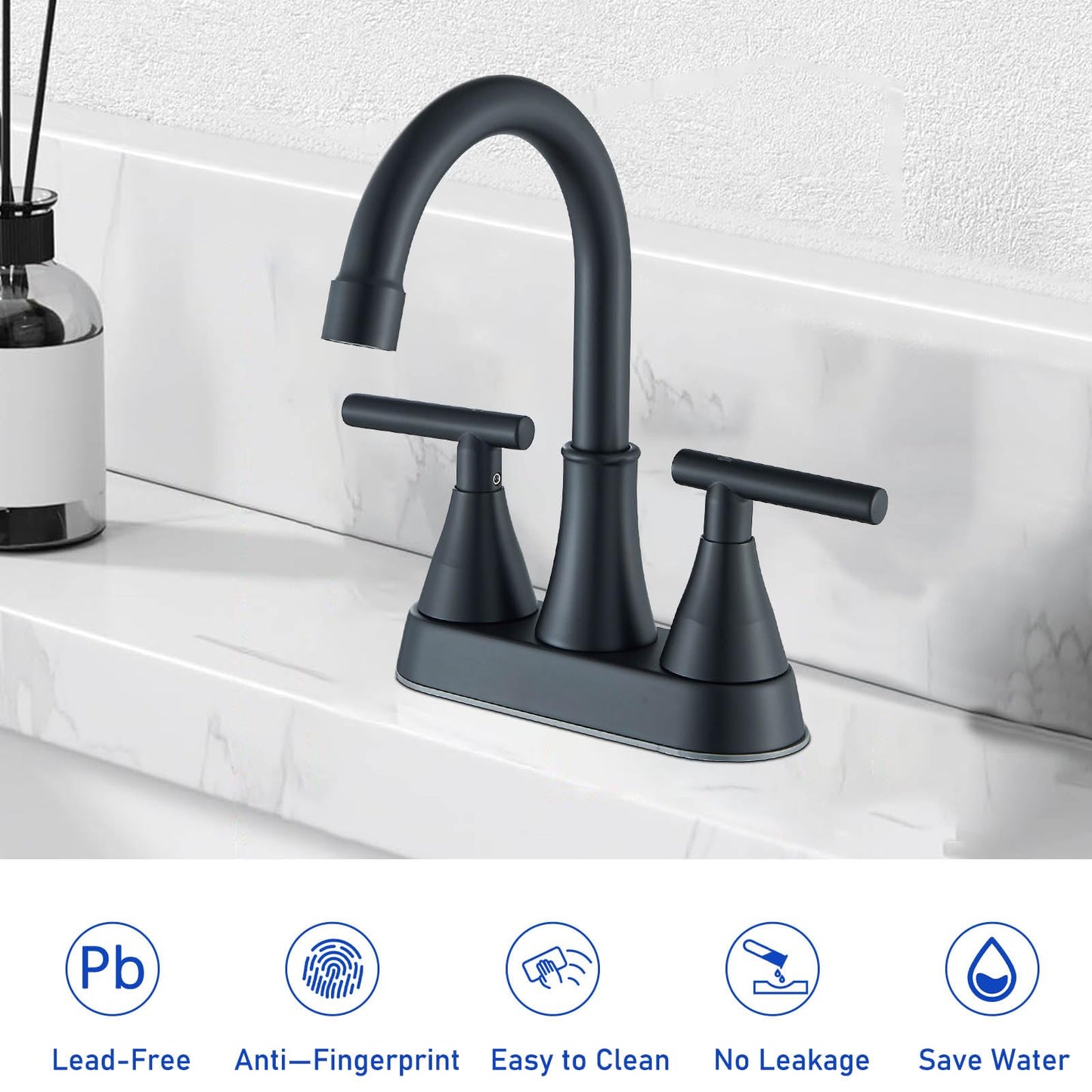 Alenart Matte Black Bathroom Sink Faucet Two Handle Stainless Steel Bathroom Sink Faucet with Pop-up Drain and Supply Hoses, 4 inch Bathroom Faucet for RV Bathroom Vanity washroom Faucet