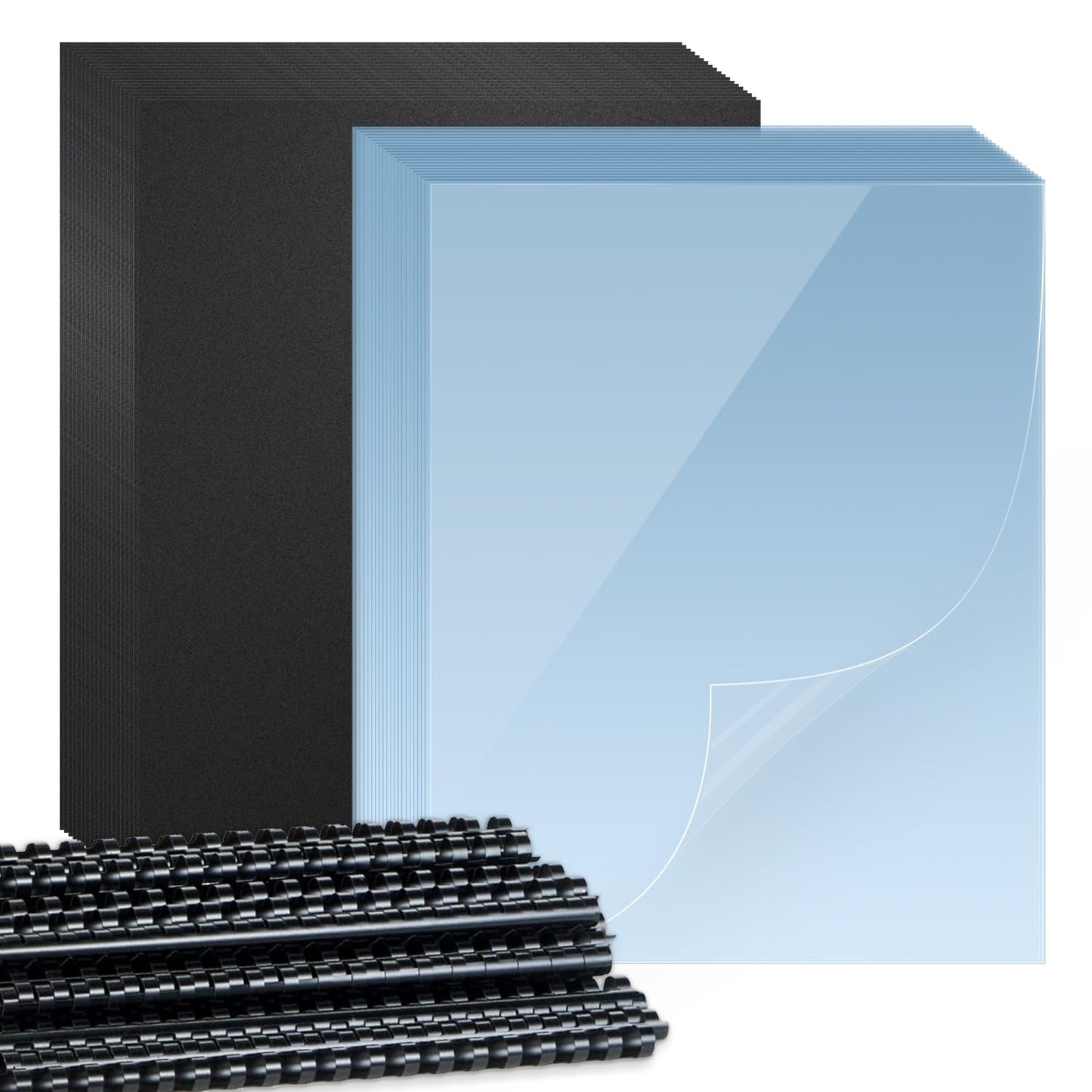 HOUYEE 180 Pack Binding Covers Set: 60 Pcs 3/8 Inch Black Binding Combs, 8.5x11 Inches, 60 Pcs 10 Mil Clear Binding Covers, 60 Pcs 12Mil Black Sand Texture, Letter Size