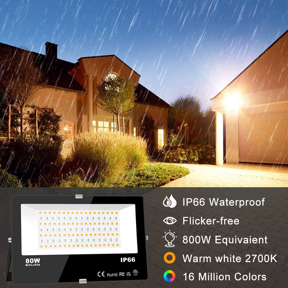 LED Flood Light Outdoor 800W Equivalent 8000LM, Smart RGB Floodlight with APP Control, Color Changing - Warm White 2700K -Timing - Scene, IP66 Waterproof, US Plug, Yangcsl（Pack of 2