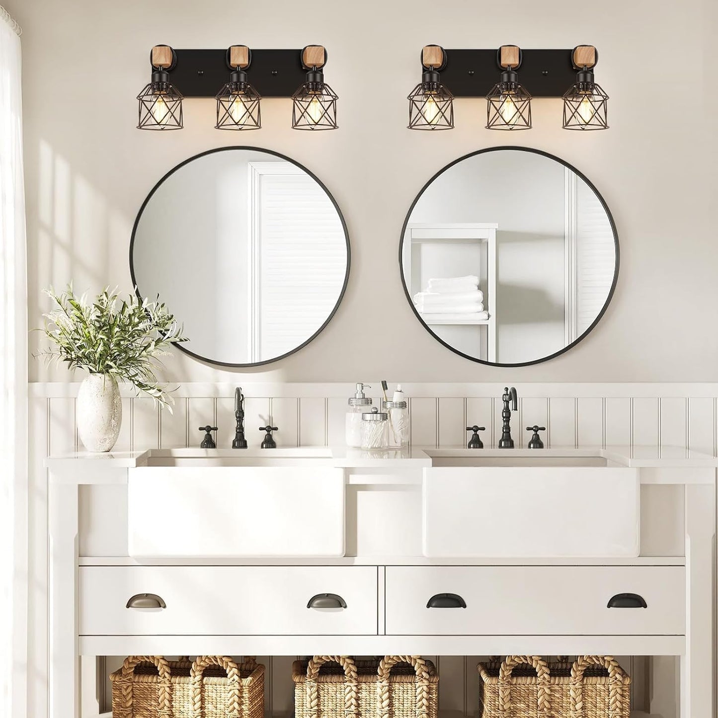 3-Light Wood Bathroom Vanity Light Fixtures Over Mirror,Wood Bathroom Vanity Lights for Bathroom, Industrial Black Vanity Light with Metal Lampshade for Bedroom Hallway Living Room